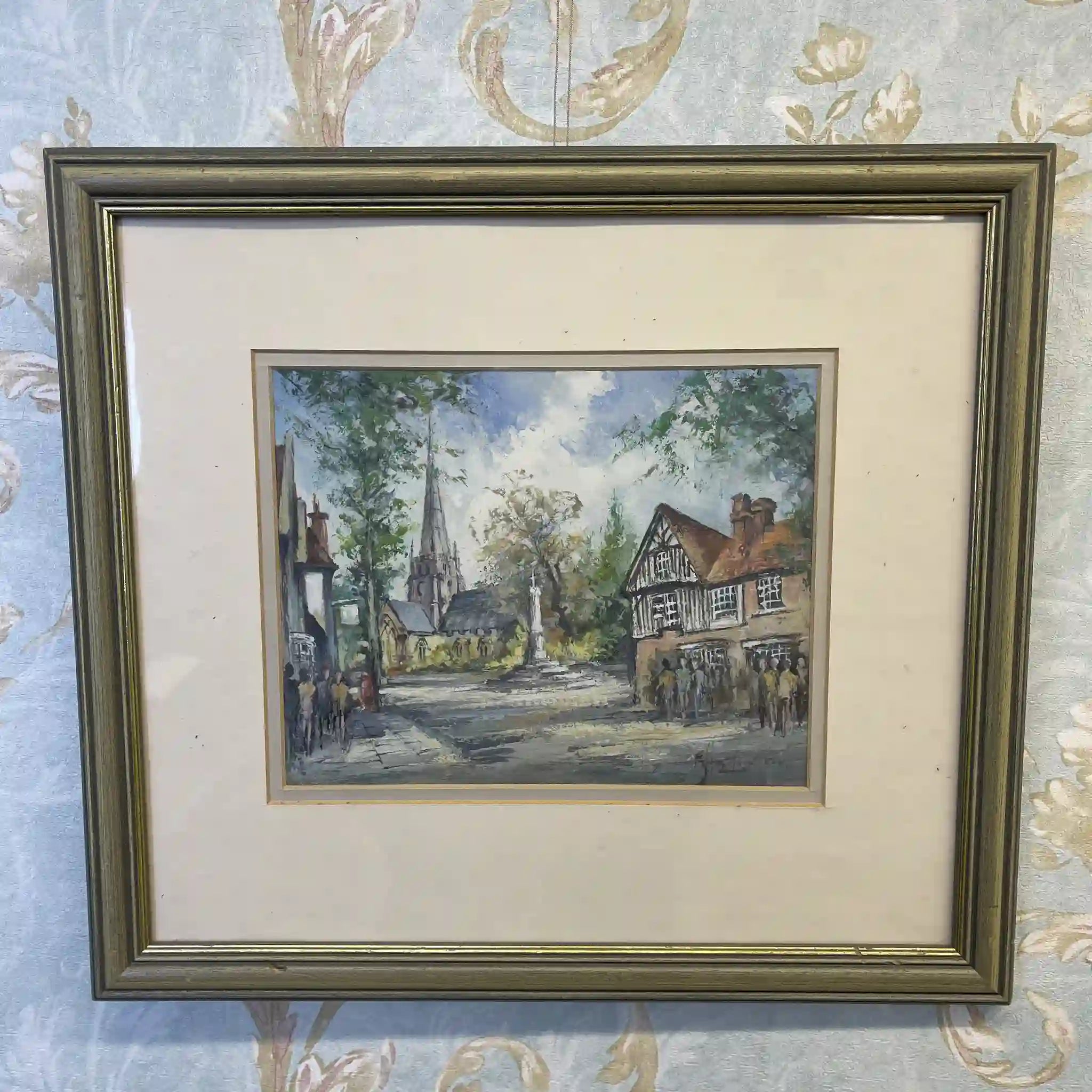 【アート/装飾品】 「英国の街並みと教会」風景画 / 1992年 / イギリス / 肉筆水彩,二重マット額装,ハーフティンバー