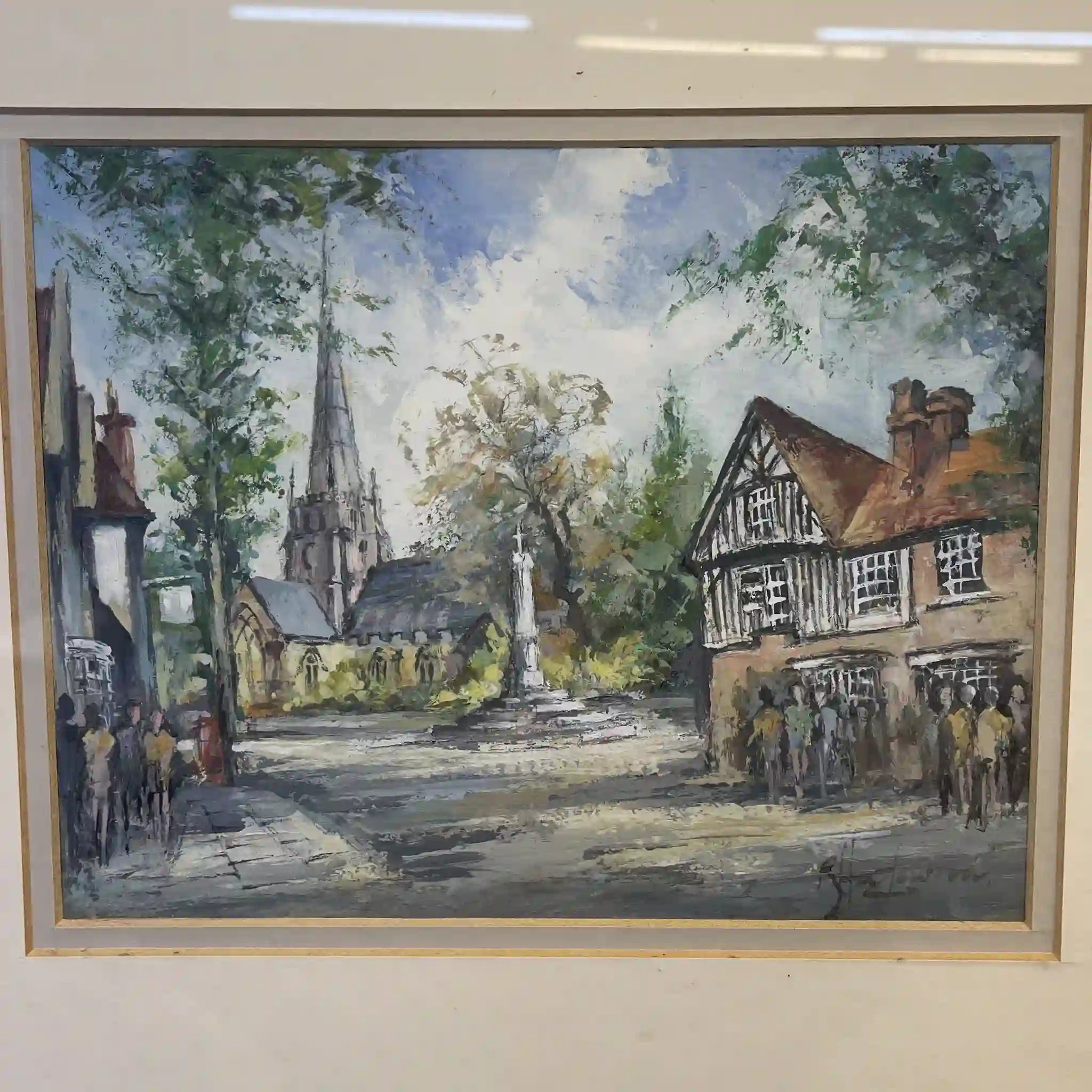 【アート/装飾品】 「英国の街並みと教会」風景画 / 1992年 / イギリス / 肉筆水彩,二重マット額装,ハーフティンバー