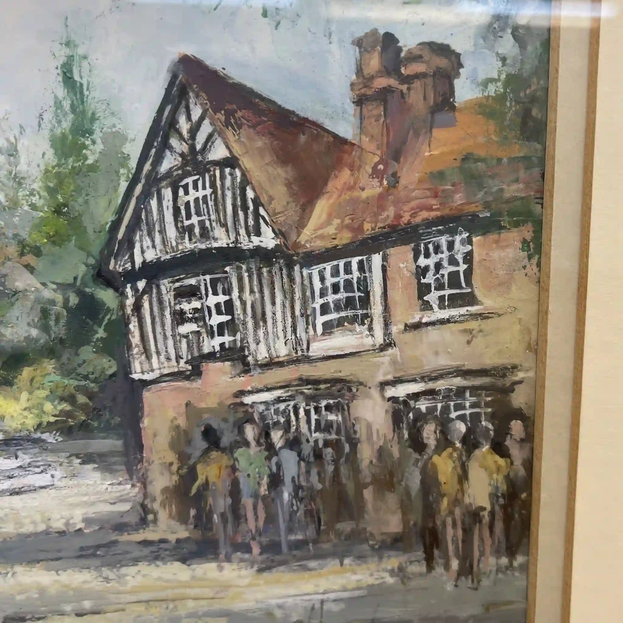 【アート/装飾品】 「英国の街並みと教会」風景画 / 1992年 / イギリス / 肉筆水彩,二重マット額装,ハーフティンバー