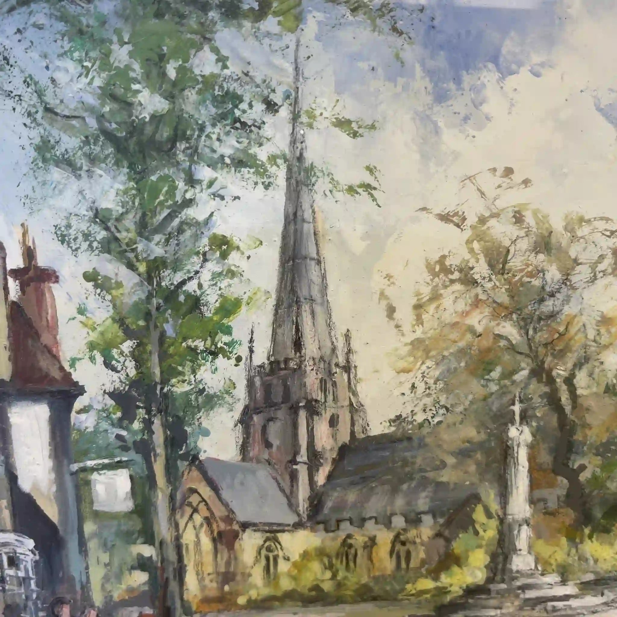 【アート/装飾品】 「英国の街並みと教会」風景画 / 1992年 / イギリス / 肉筆水彩,二重マット額装,ハーフティンバー