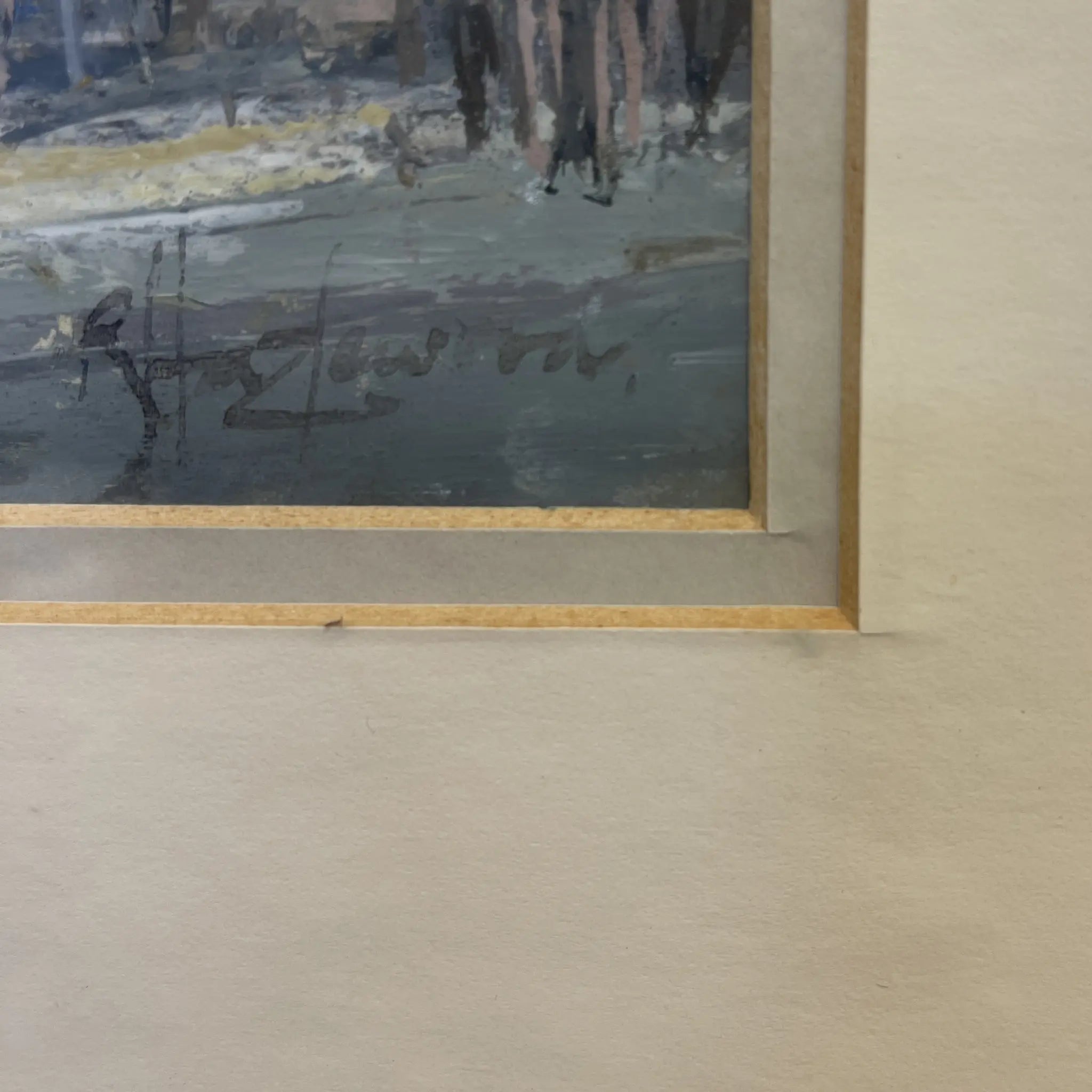 【アート/装飾品】 「英国の街並みと教会」風景画 / 1992年 / イギリス / 肉筆水彩,二重マット額装,ハーフティンバー