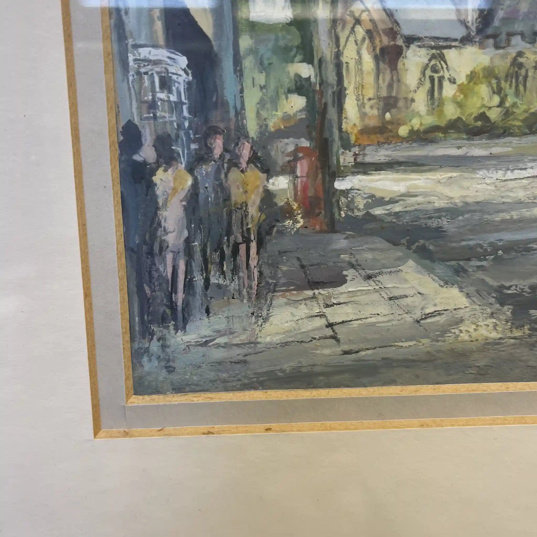 【アート/装飾品】 「英国の街並みと教会」風景画 / 1992年 / イギリス / 肉筆水彩,二重マット額装,ハーフティンバー