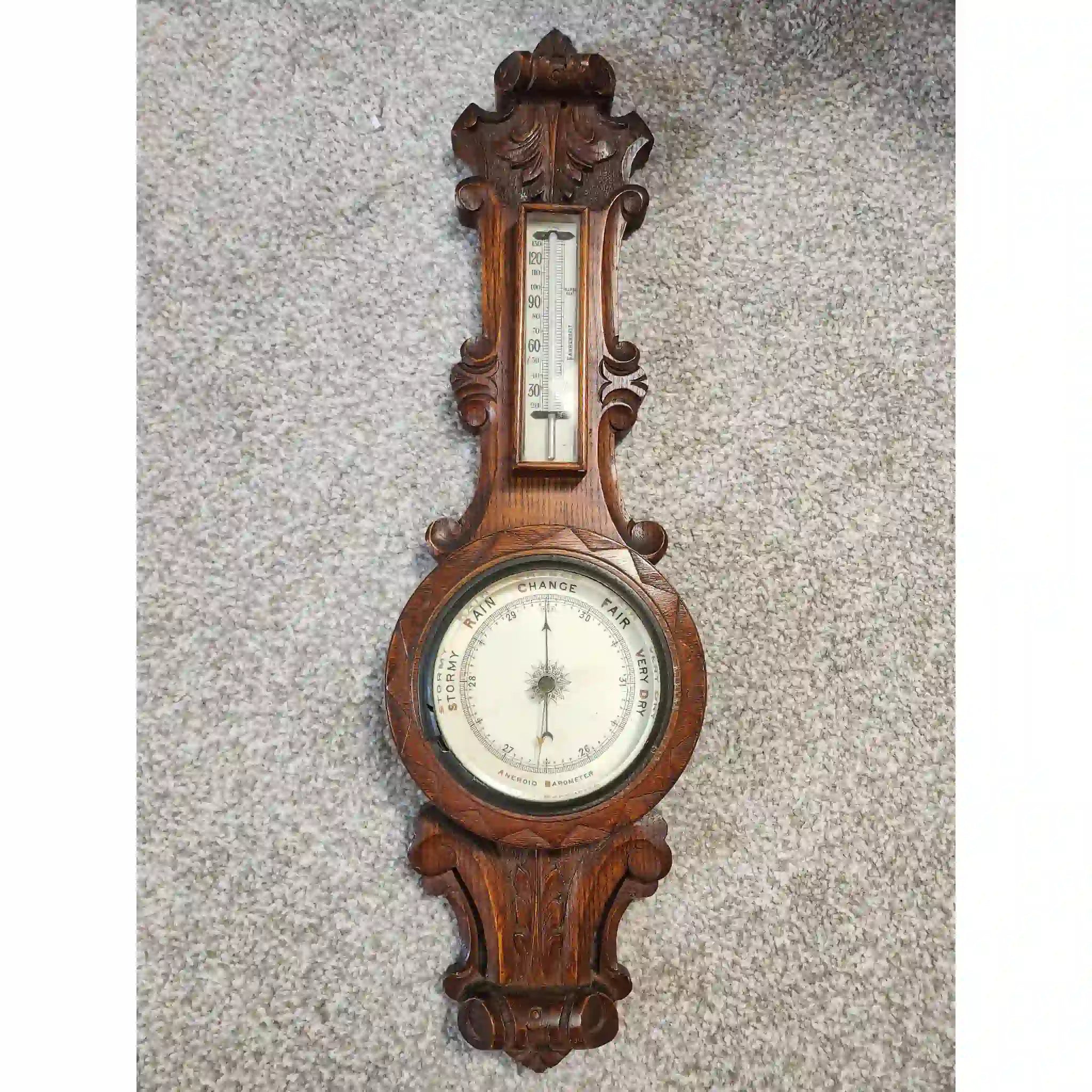 【アンティーク】 アネロイド気圧計付き木製壁掛け温度計 / 1880年代〜1910年代頃 / イギリス
