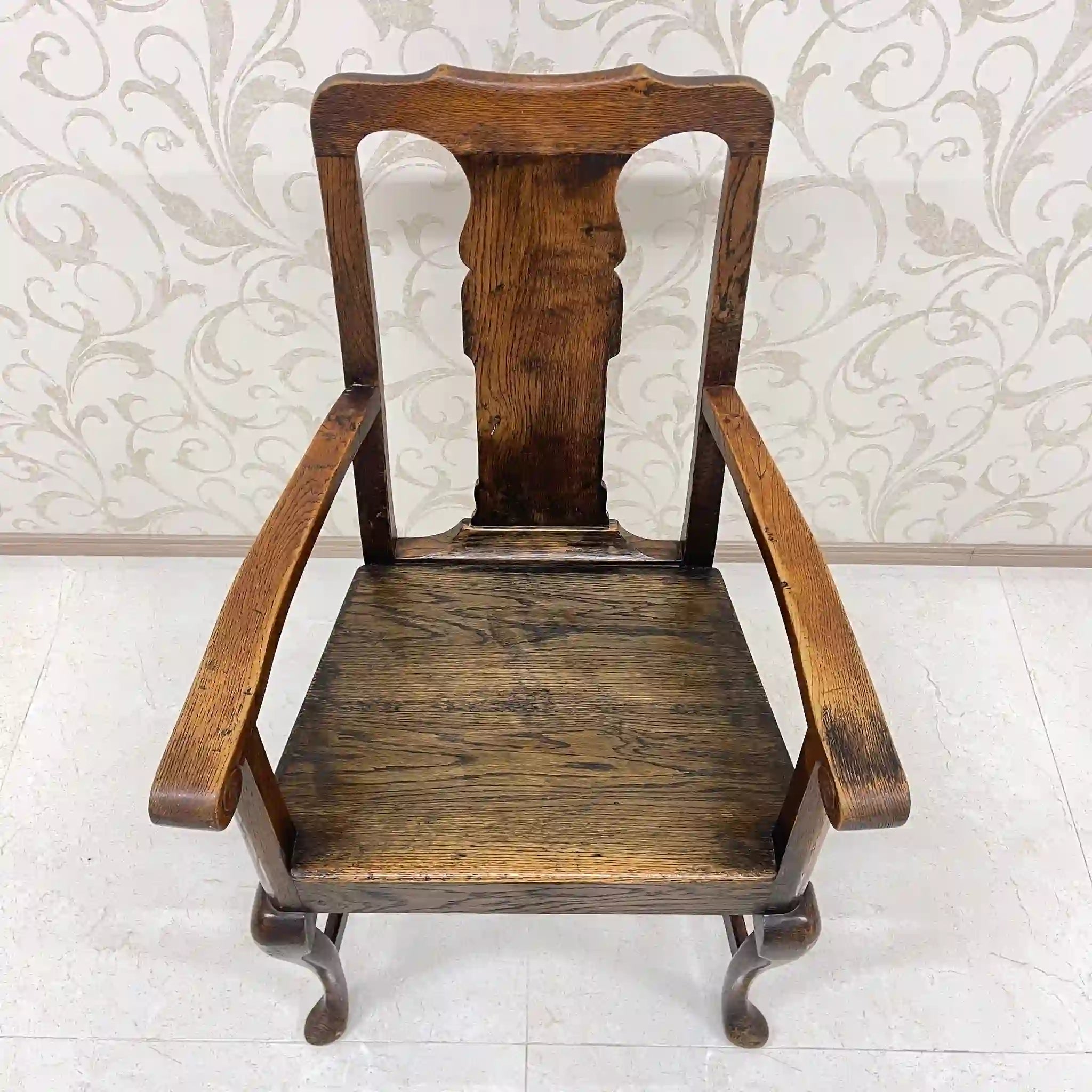 【アンティーク】 アンティーク ホールチェア / クイーンアン様式 / オーク材 / イギリス / アームレスト