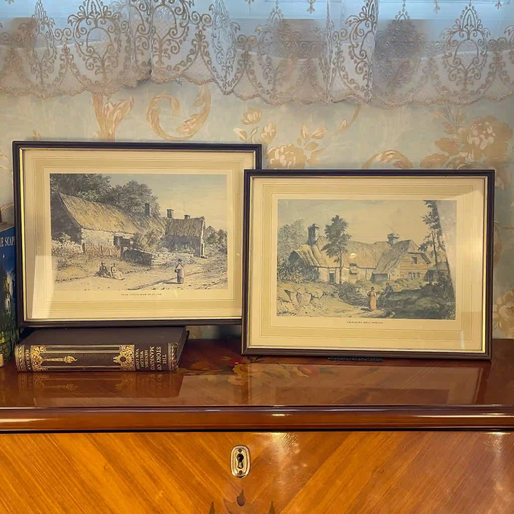 英国アンティーク 風景画 油彩画 ゴールド額縁 19世紀イギリス田園風景 絵画 2枚セット / イギリス直輸入,ブラックゴールド額縁,セピア調,19