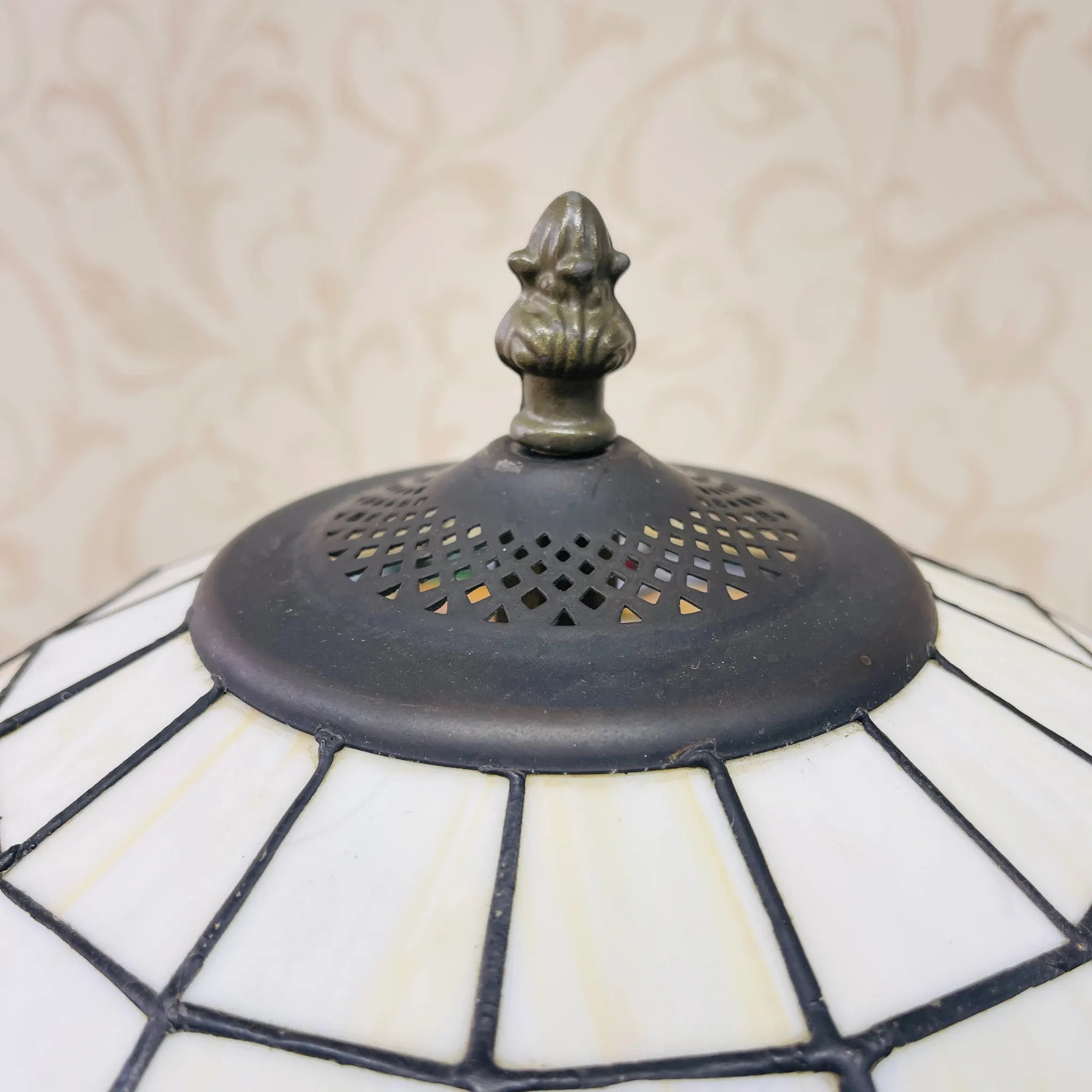 Vintage lamp with stained glass shade, likely from the late 20th century, made in England.