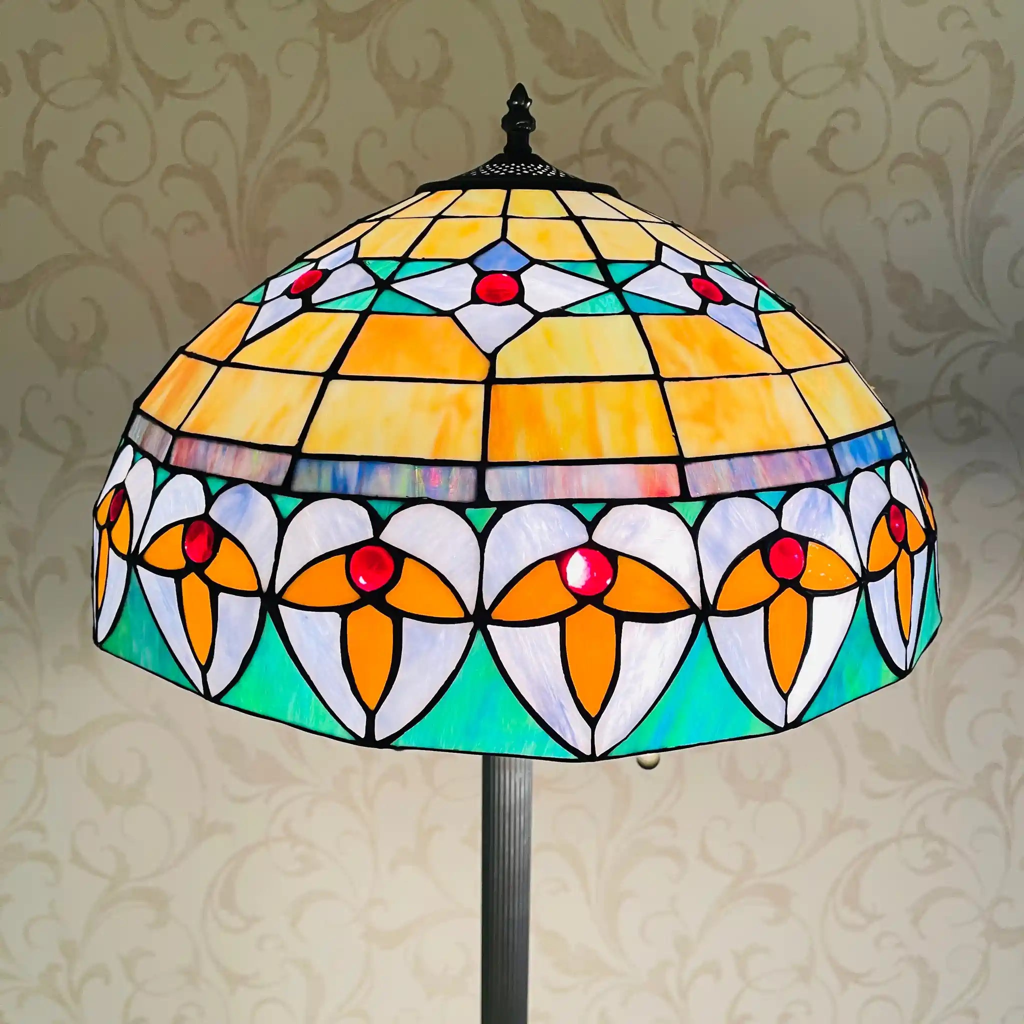 Vintage lamp with stained glass shade, likely from the late 20th century, made in England.