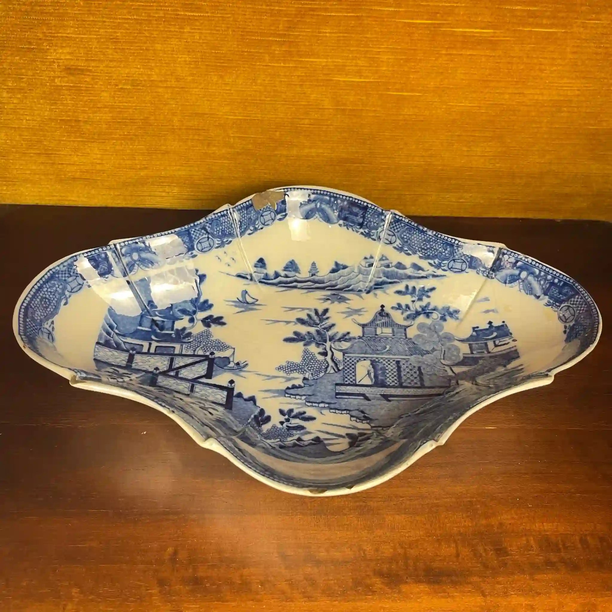 Antique Devonian Plate (Dish) by Spode, Blue Italian, Blue Willow Pattern, Fluted, 19th Century 