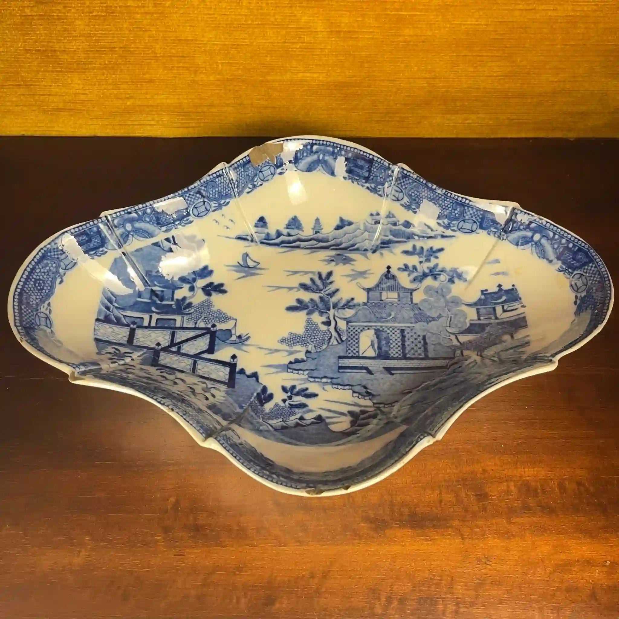 Antique Devonian Plate (Dish) by Spode, Blue Italian, Blue Willow Pattern, Fluted, 19th Century 