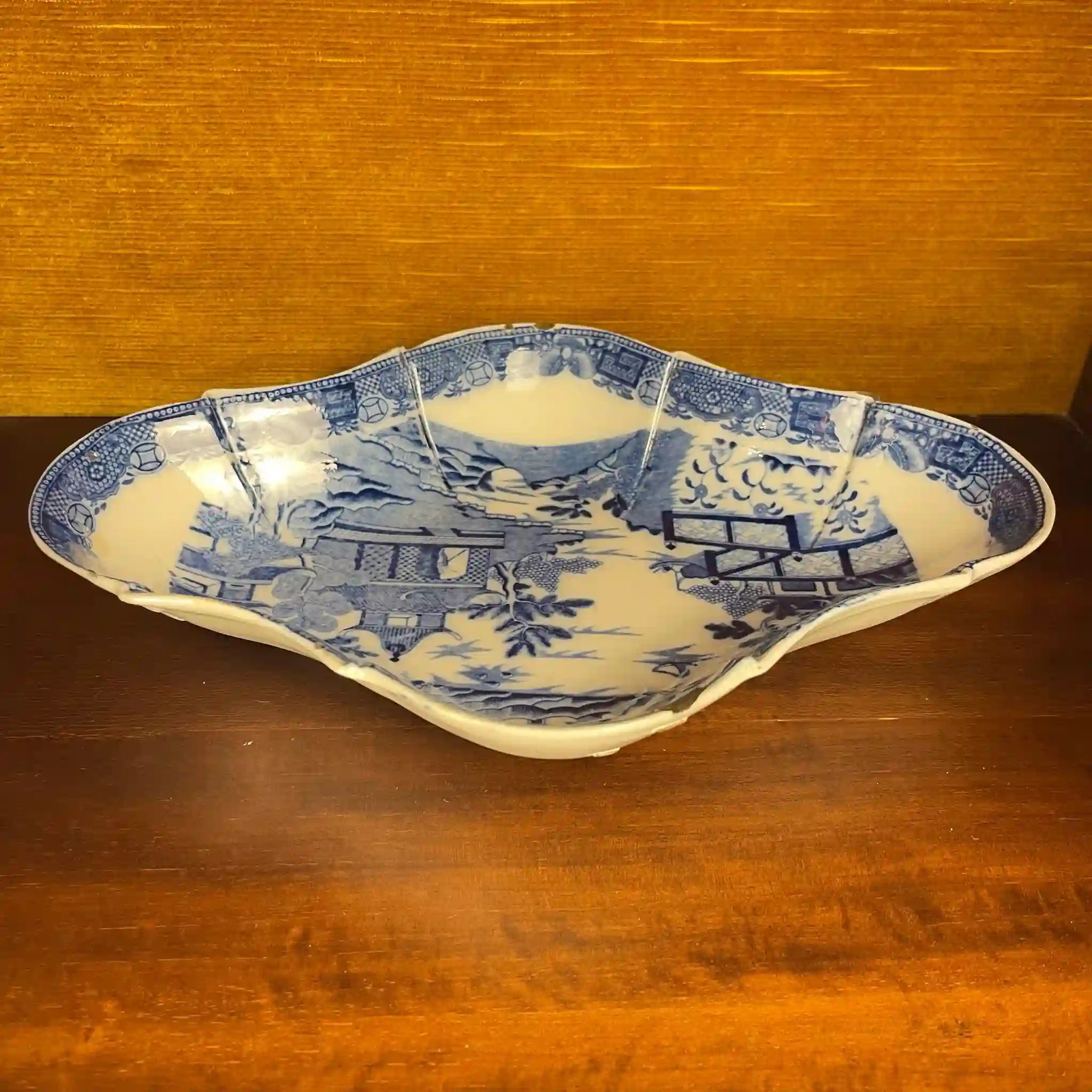 Antique Devonian Plate (Dish) by Spode, Blue Italian, Blue Willow Pattern, Fluted, 19th Century 