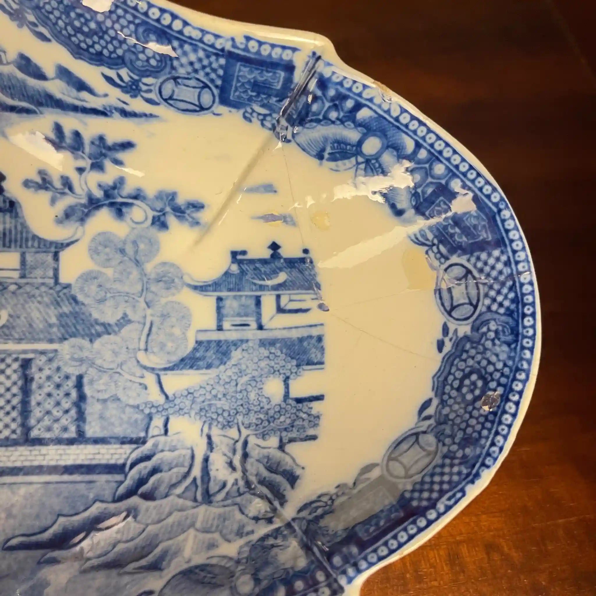 Antique Devonian Plate (Dish) by Spode, Blue Italian, Blue Willow Pattern, Fluted, 19th Century 
