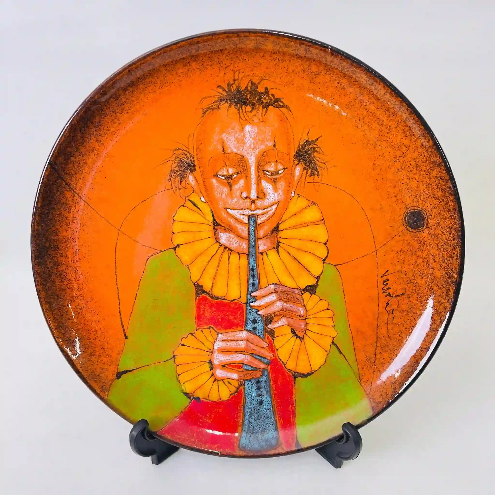 【ビンテージ】 台座付きプレート(飾り皿) / Verzolini(ヴェルゾリーニ) / ピエロ / 陶器 / イタリア / マヨルカ焼き