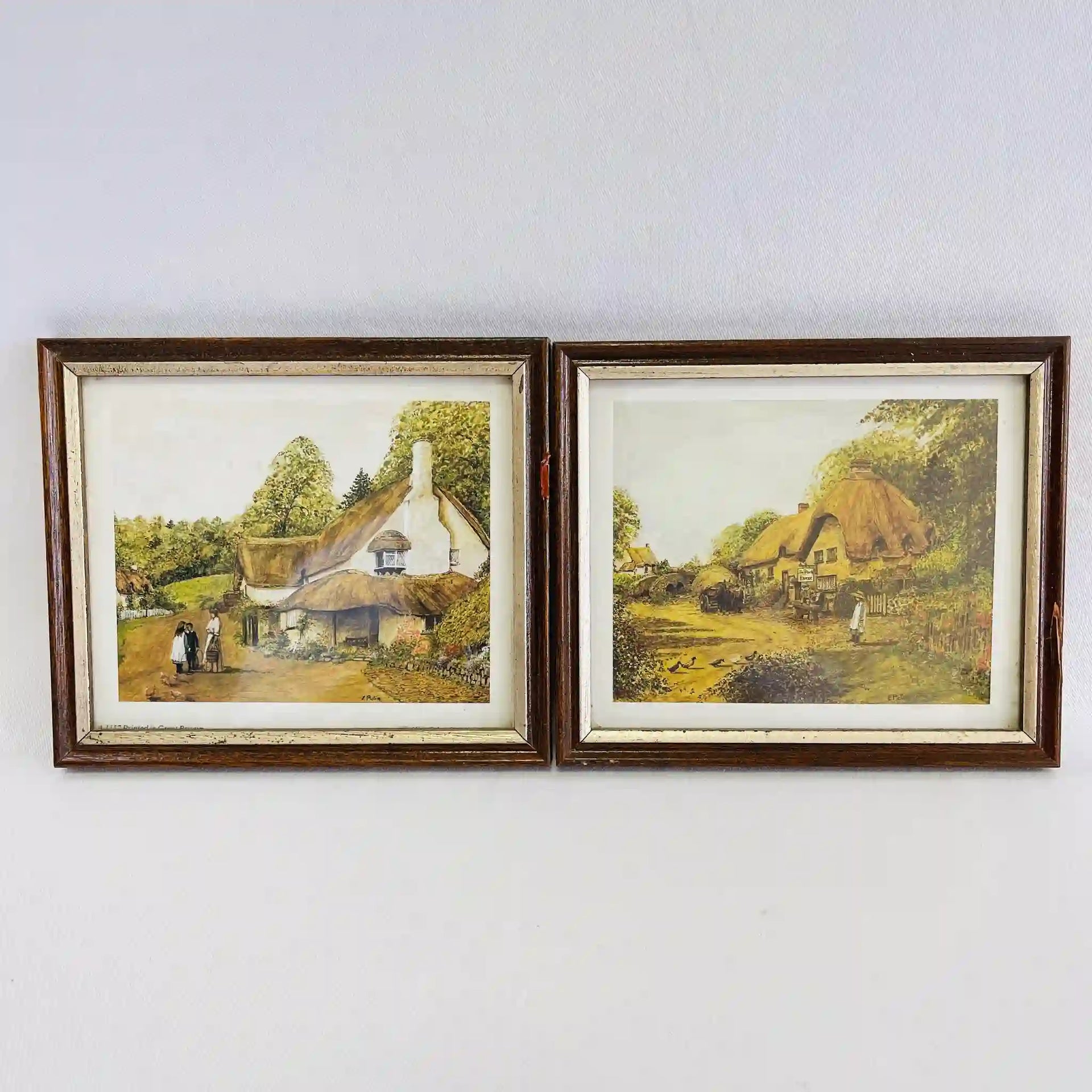 絵画 水彩画 アンティーク 額装 イギリス 1920年代 アールデコ 風景画 2枚セット / イギリス直輸,ダークウッド額縁、茅葺き屋根