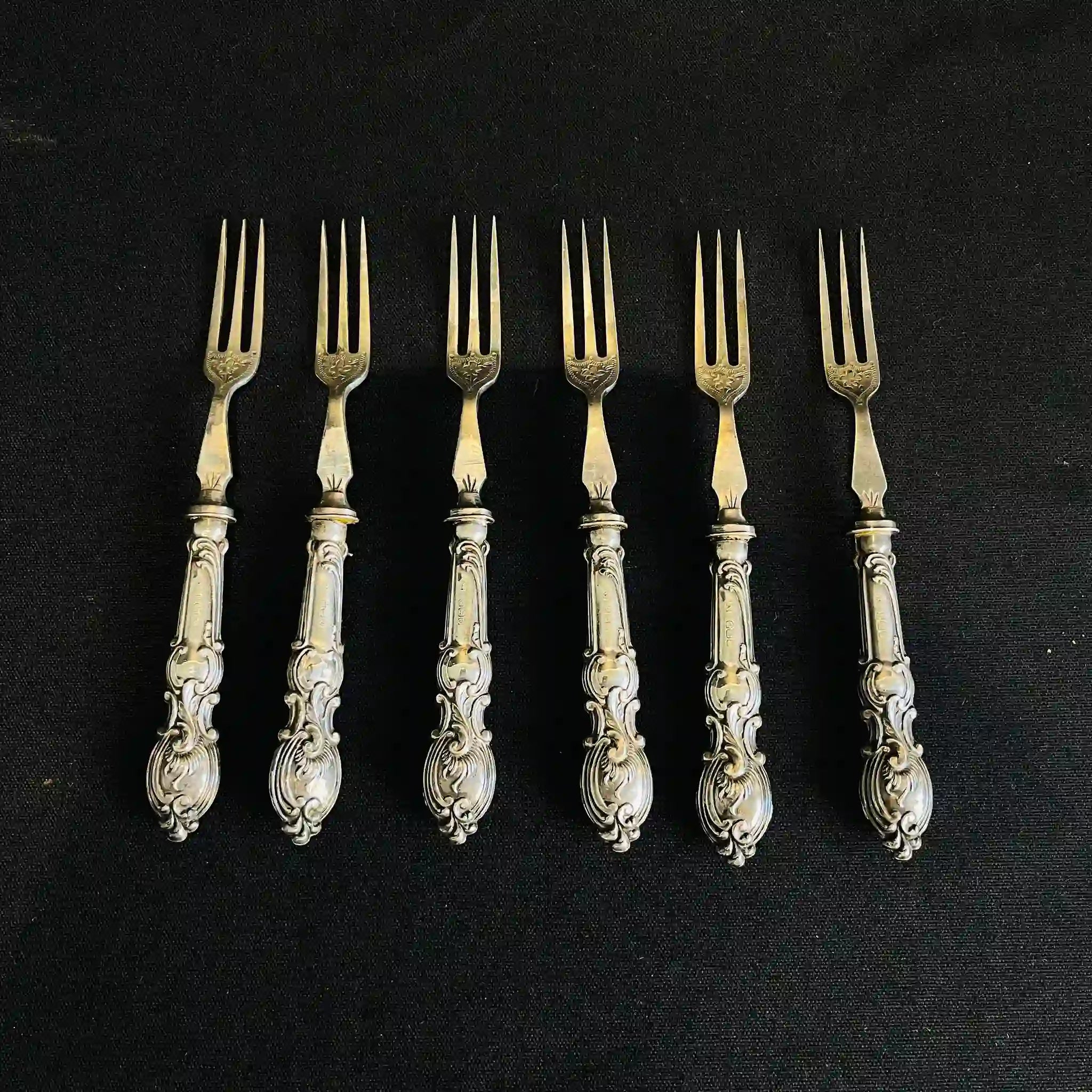 [Antique] Collection of 8 knives and 21 forks with silver handles and copper blades /