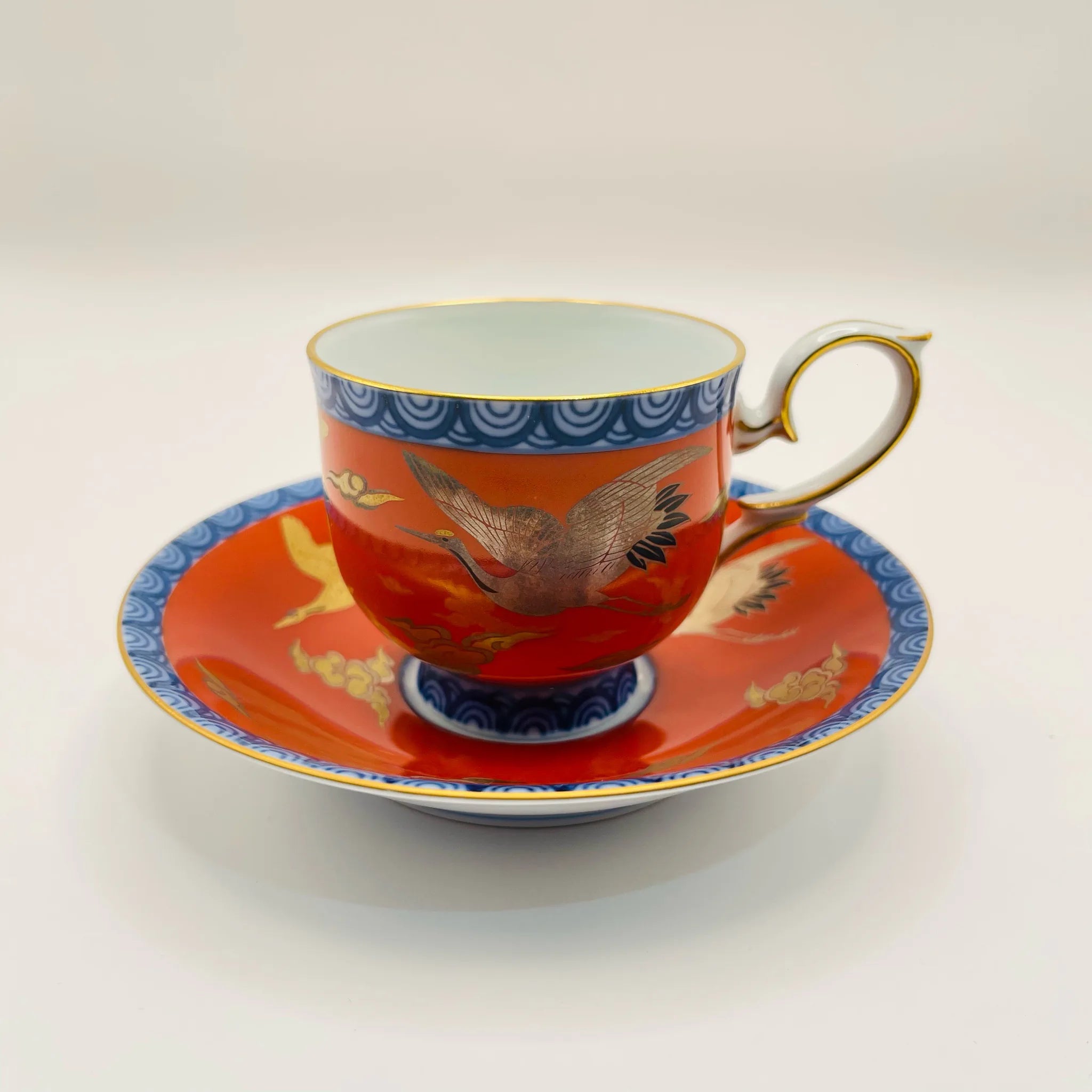 【リユース】 ティーセット 6P / 深川製磁 / 染錦手波鶴紋 / 未使用,箱あり / 箱付き