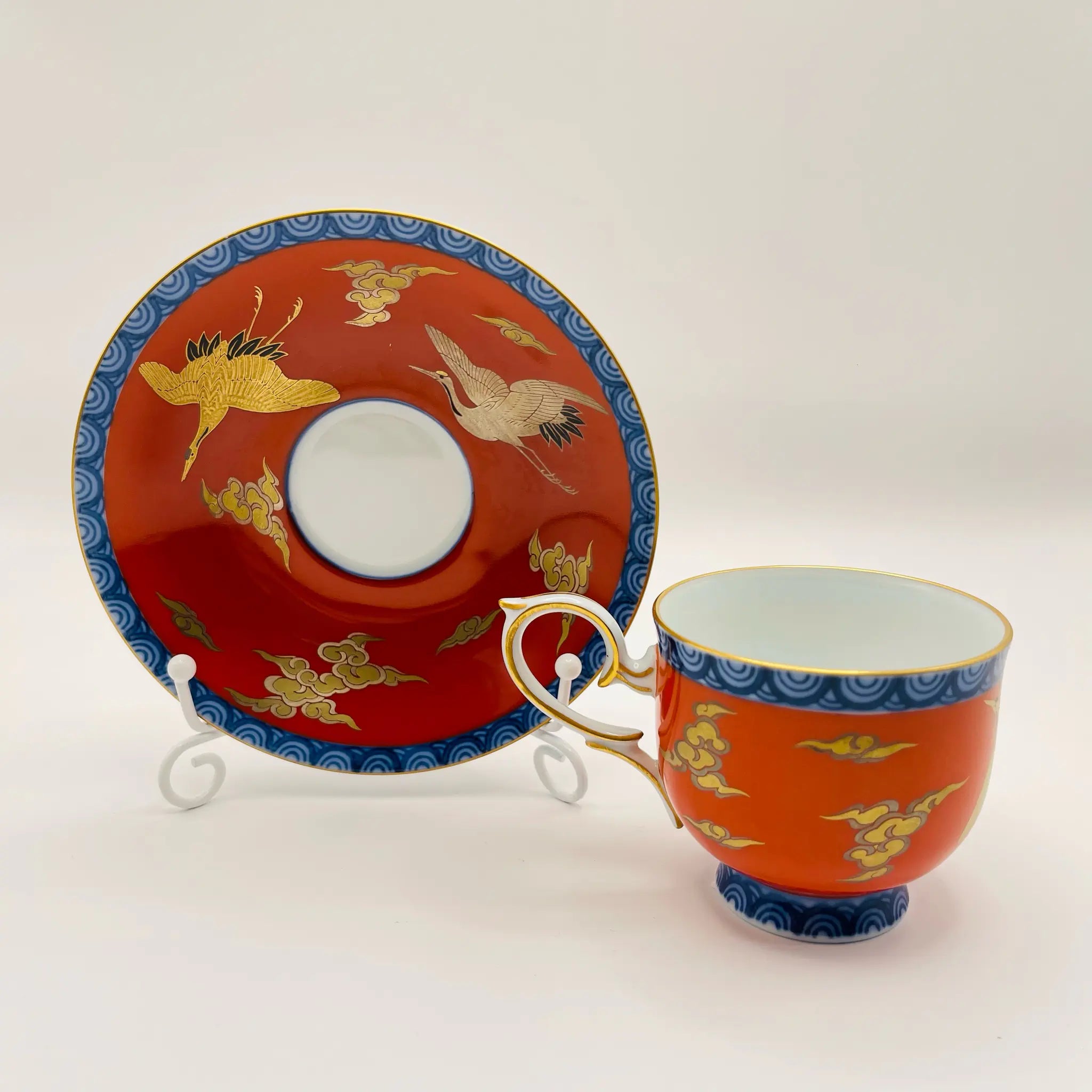 【リユース】 ティーセット 6P / 深川製磁 / 染錦手波鶴紋 / 未使用,箱あり / 箱付き