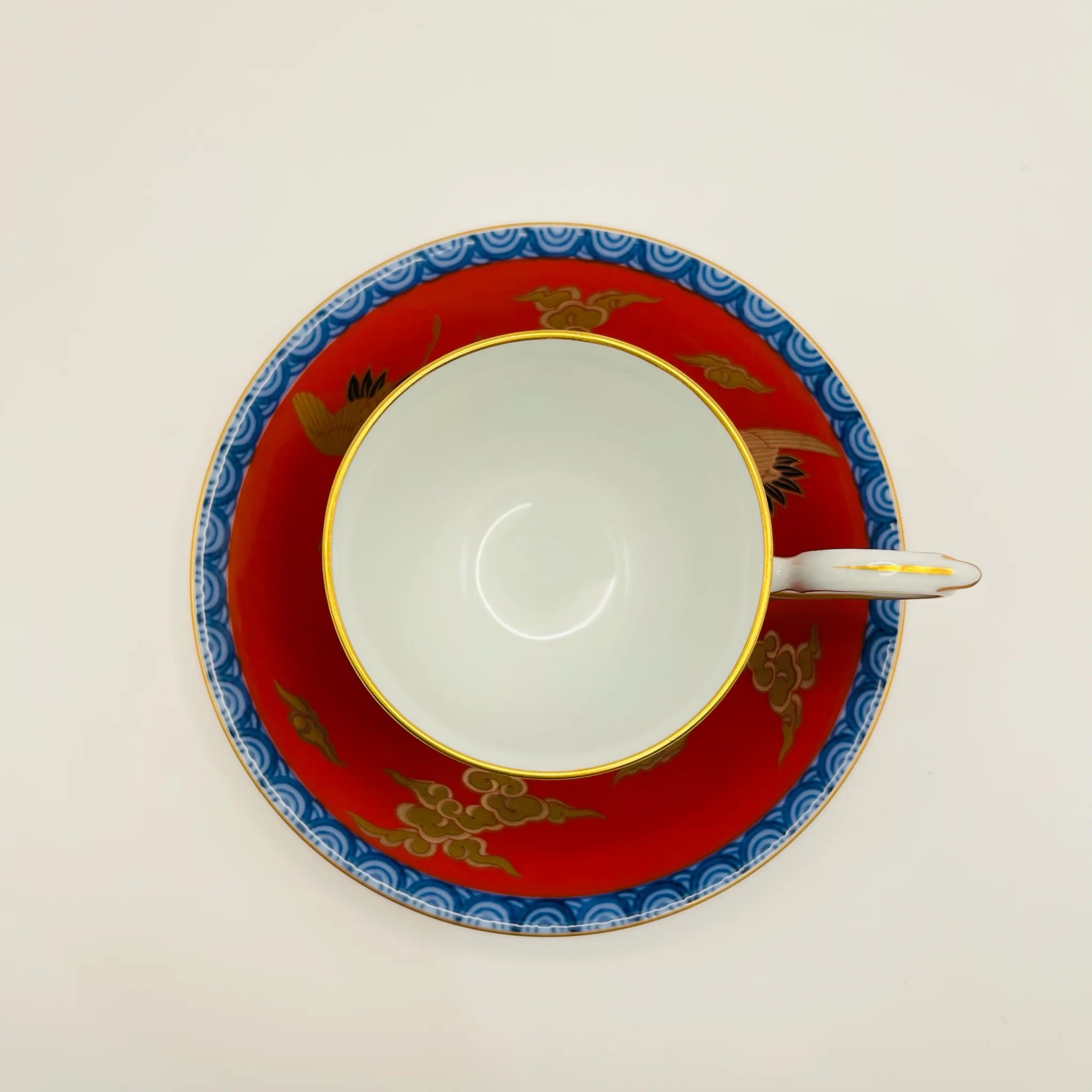 【リユース】 ティーセット 6P / 深川製磁 / 染錦手波鶴紋 / 未使用,箱あり / 箱付き