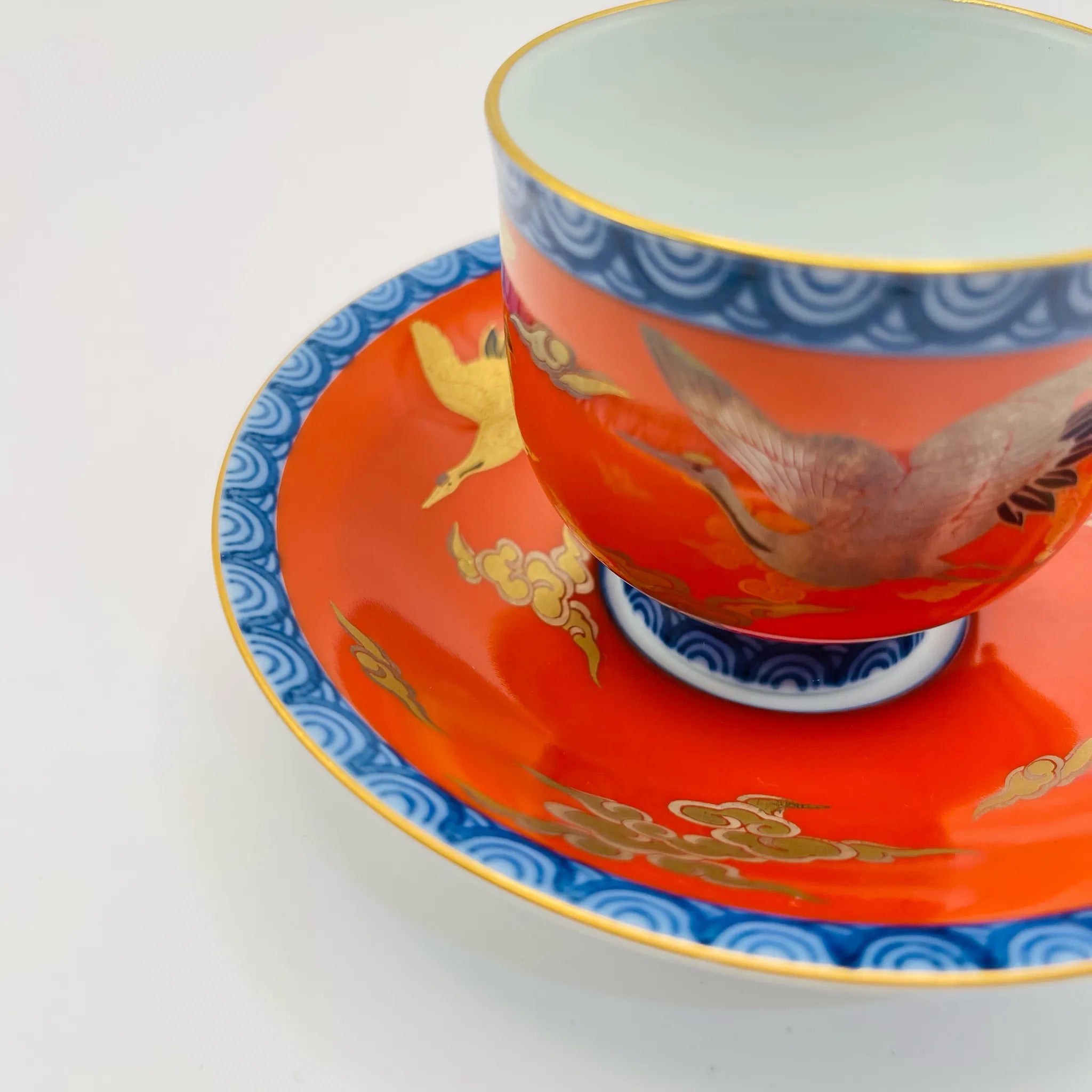 【リユース】 ティーセット 6P / 深川製磁 / 染錦手波鶴紋 / 未使用,箱あり / 箱付き