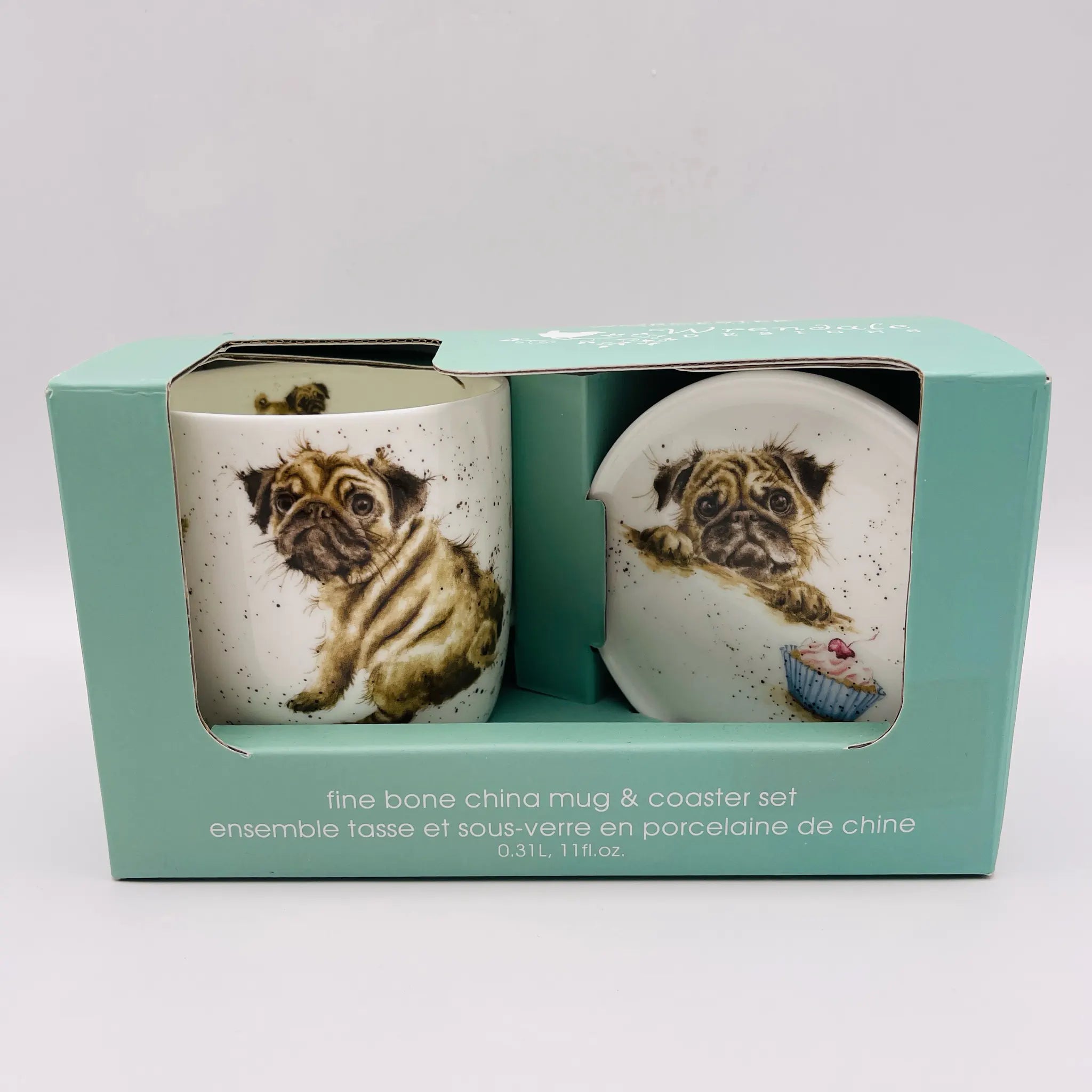 【リユース】 マグカップ＆コースター / Royal Worcester(ロイヤルウースター) / Wrendale(レンデール) PUG LOVE MUG / Bone China / 未使用,箱あり / 箱付き
