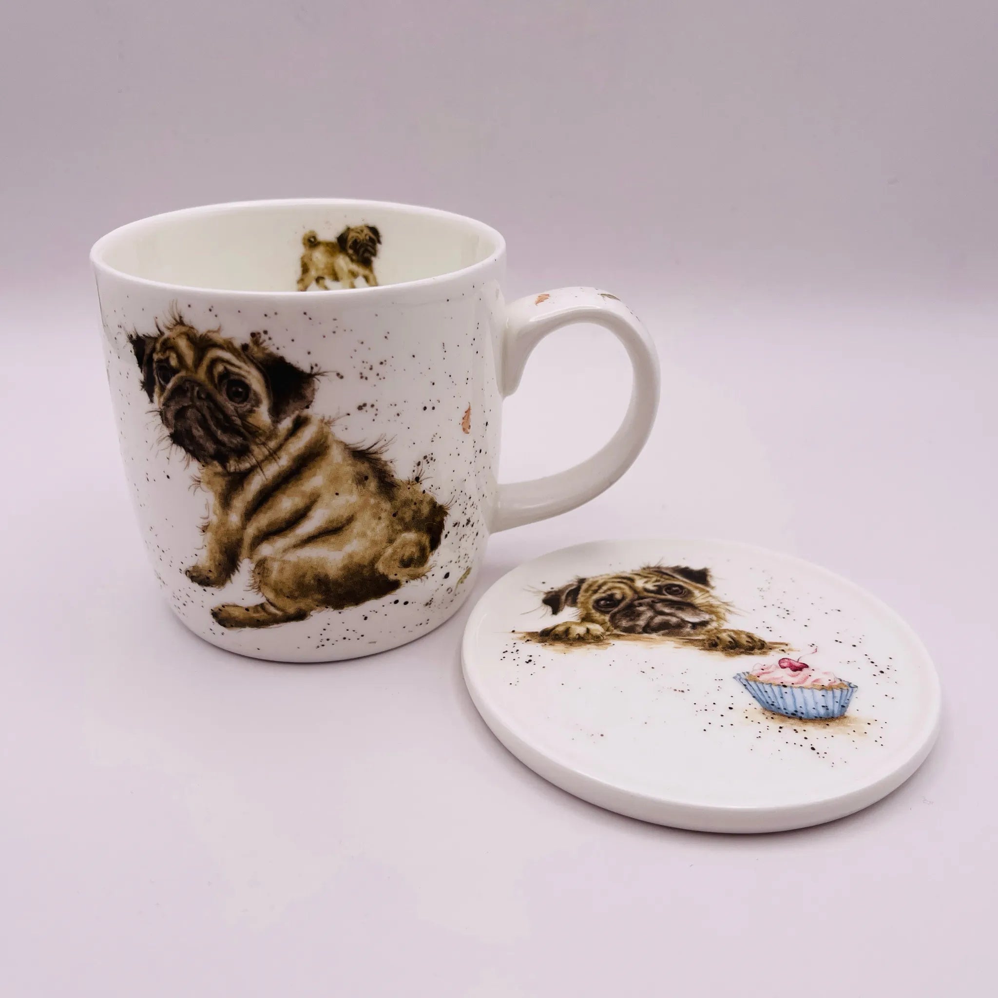 【リユース】 マグカップ＆コースター / Royal Worcester(ロイヤルウースター) / Wrendale(レンデール) PUG LOVE MUG / Bone China / 未使用,箱あり / 箱付き