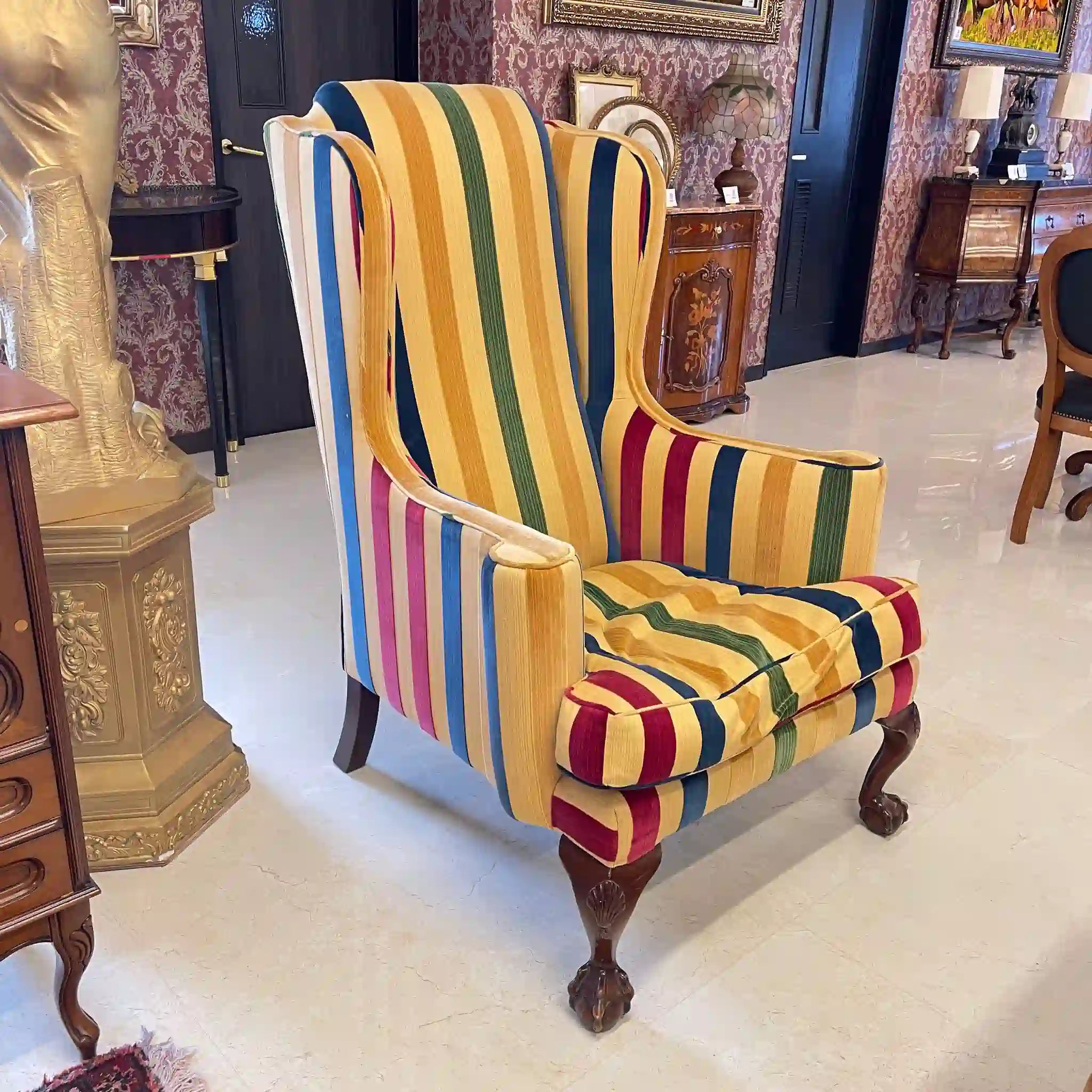 【アンティーク】 ウィングソファ 1P / ジョージアン様式 / イギリス / マルチストライプ柄 猫脚
