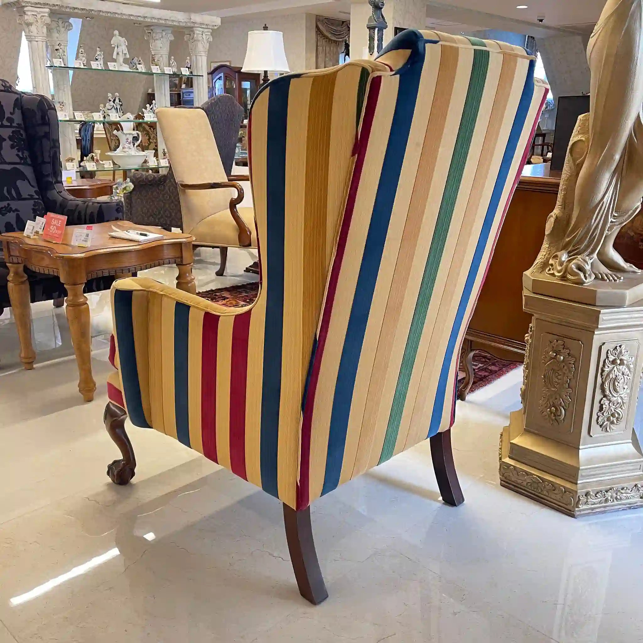 【アンティーク】 ウィングソファ 1P / ジョージアン様式 / イギリス / マルチストライプ柄 猫脚
