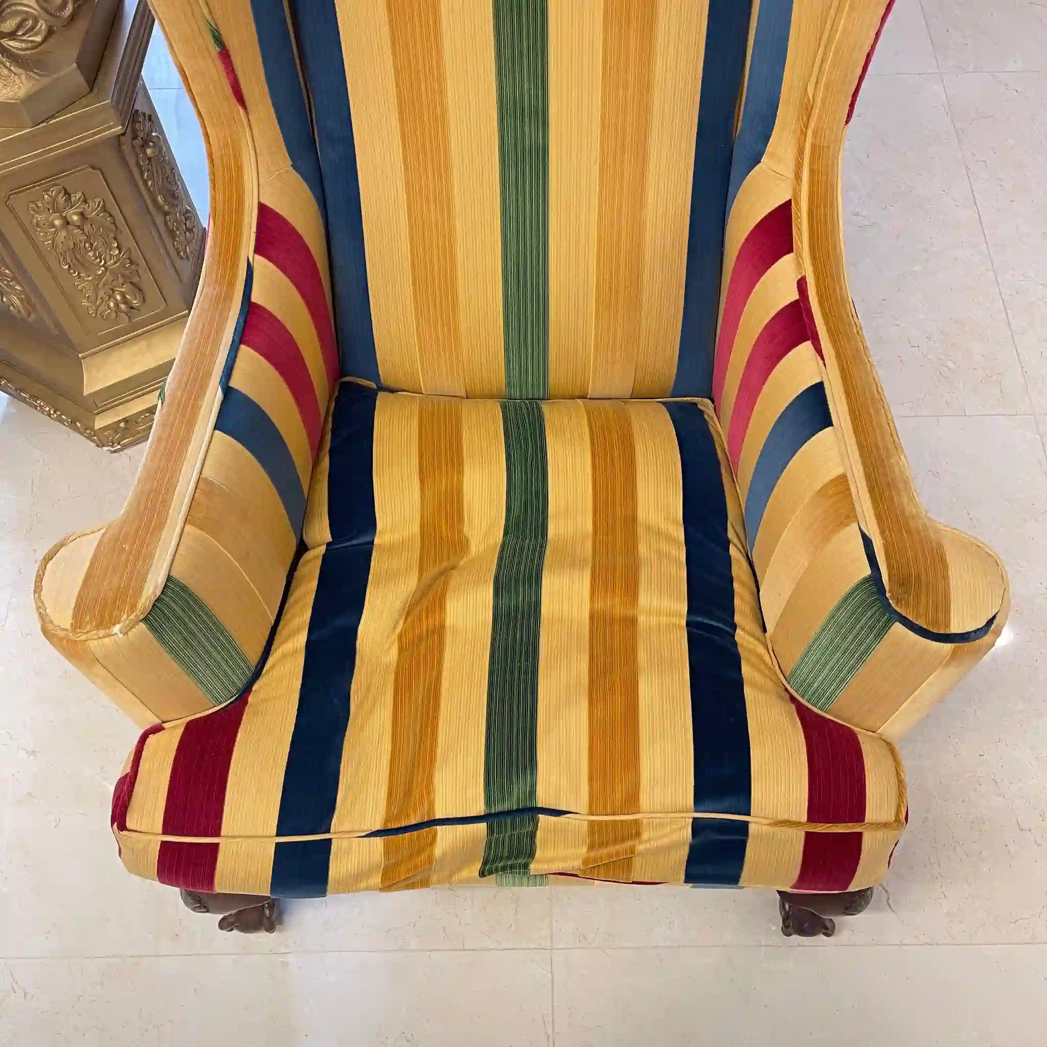 【アンティーク】 ウィングソファ 1P / ジョージアン様式 / イギリス / マルチストライプ柄 猫脚