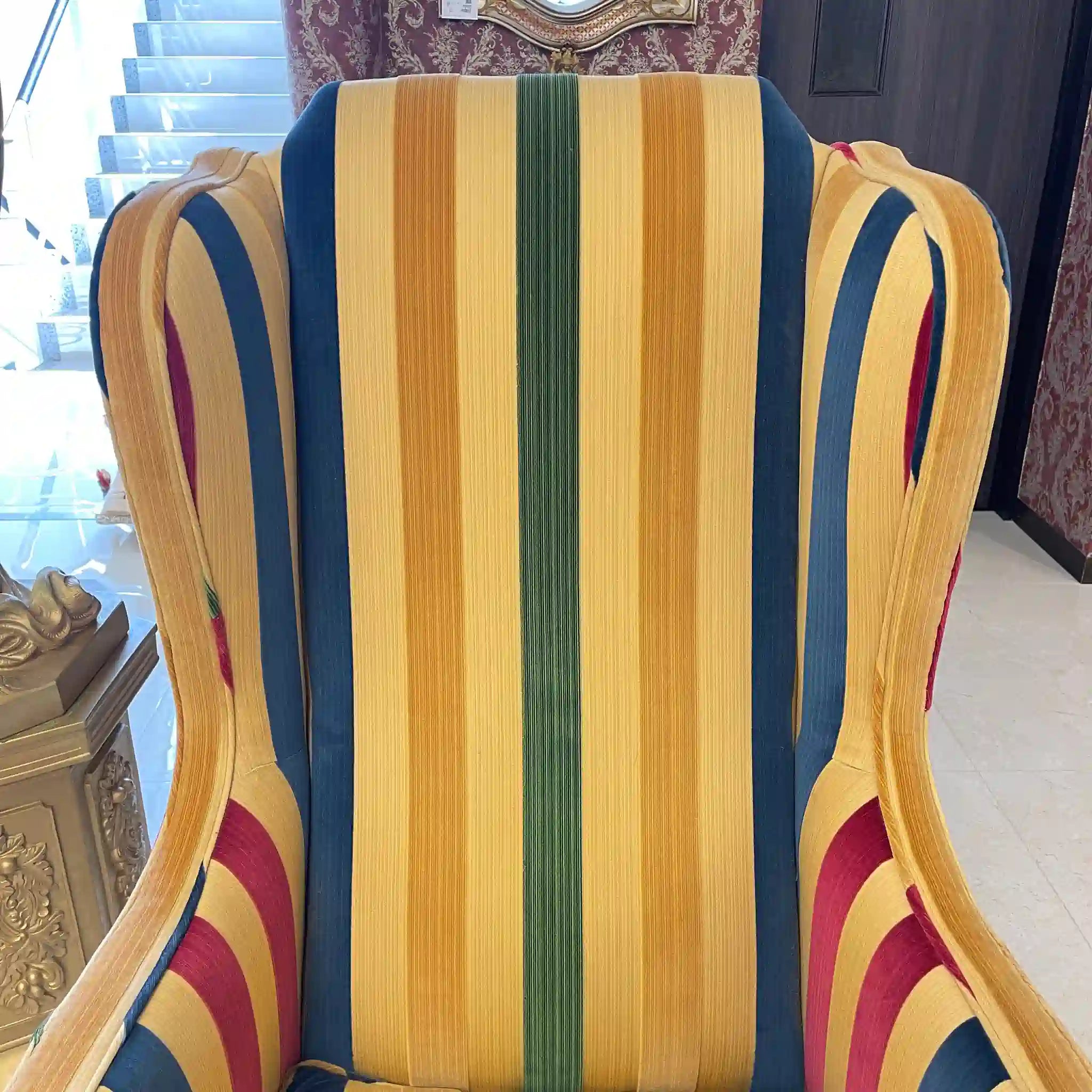 【アンティーク】 ウィングソファ 1P / ジョージアン様式 / イギリス / マルチストライプ柄 猫脚