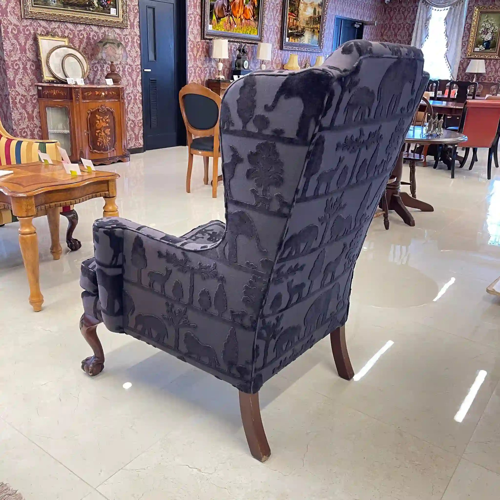 【アンティーク】 ウィングソファ 1P / ジョージアン様式 / イギリス / アニマルプリント 猫脚
