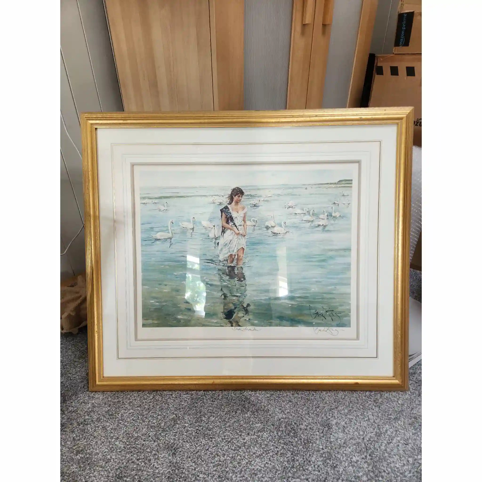 【】 額装されてガラス張りの大きなリソグラフ