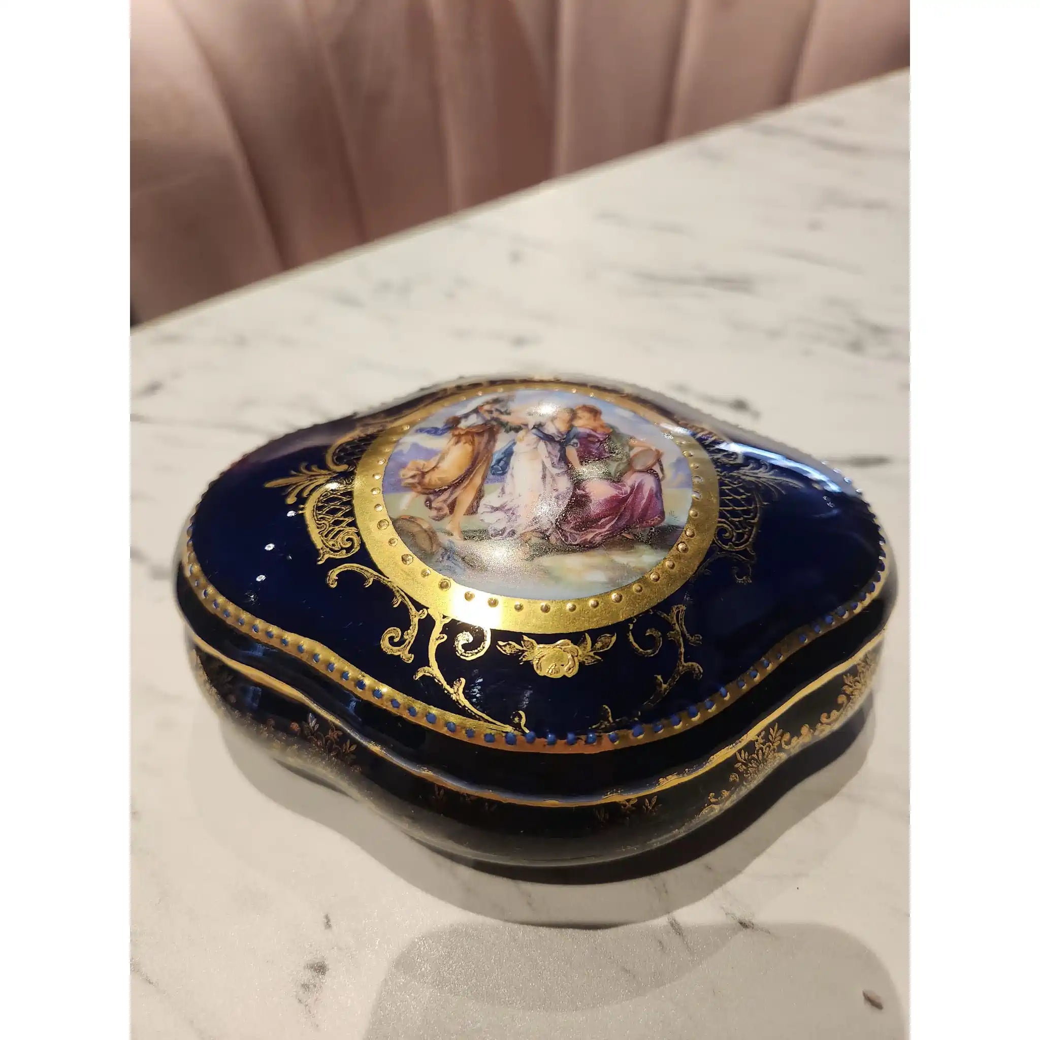 Vintage Trinket Box (Accessory Case) / Royal Vienna Style / Late 19th Century - Early 20th Century / Czech Republic / Cobalt Blue with Gold Accents