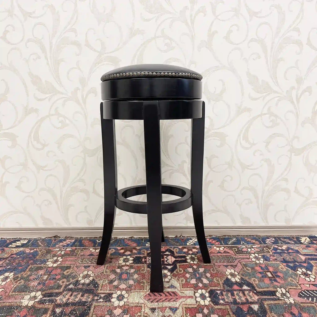 Counter chair (bar stool) / Genuine leather / Japan / Seat reupholstered, store fixtures, rotating, black, studs / [Vintage]