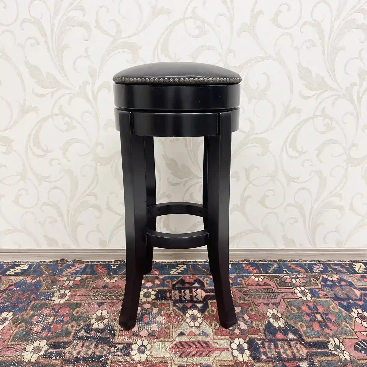 Counter chair (bar stool) / Genuine leather / Japan / Seat reupholstered, store fixtures, rotating, black, studs / [Vintage]