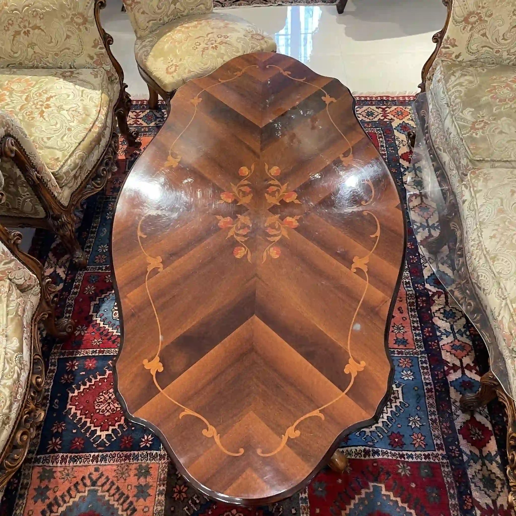[Vintage] Low table / 20th century / Beech wood / Italy / With glass top, inlay
