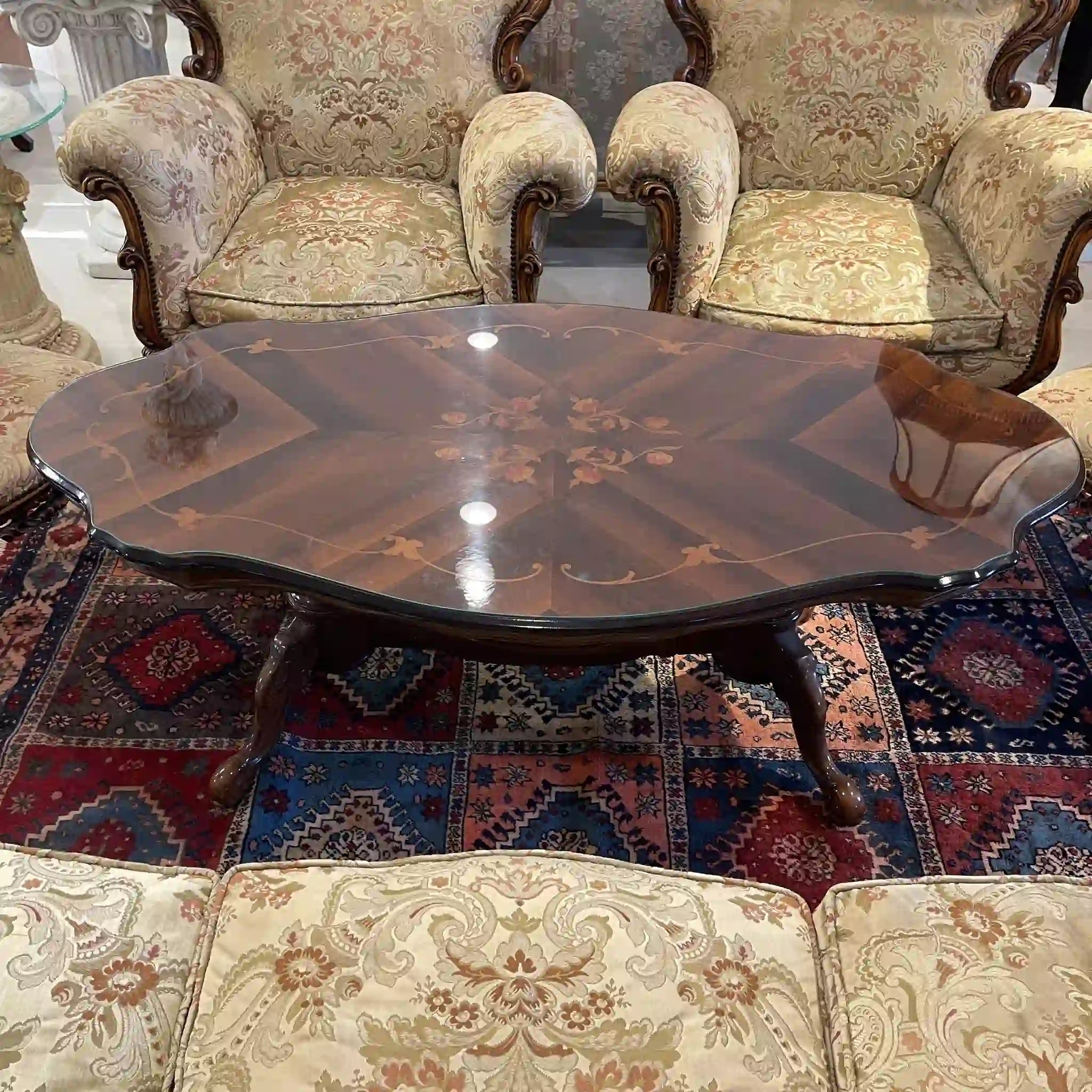 [Vintage] Low table / 20th century / Beech wood / Italy / With glass top, inlay
