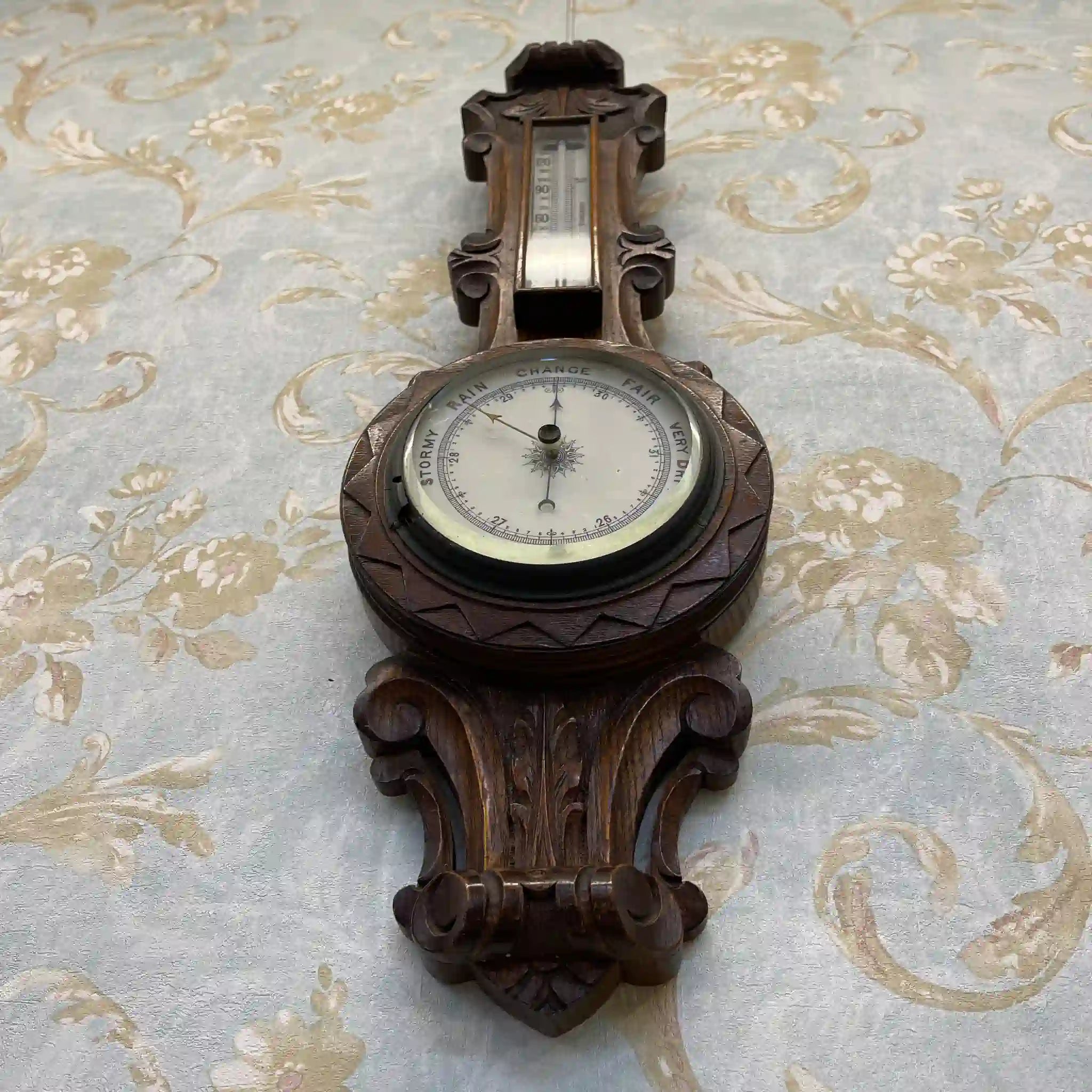 [Vintage] Aneroid barometer / Victorian style / Around 1900s (estimated) / Oak / England / With thermometer