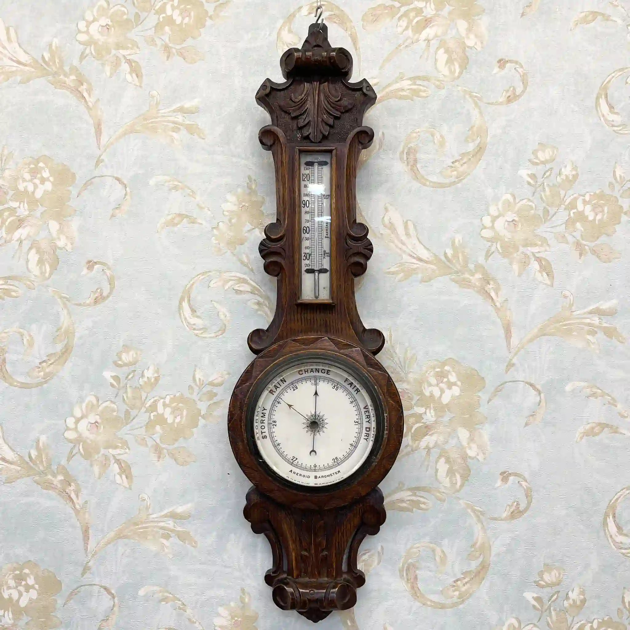 【ビンテージ】 アネロイド気圧計 / ヴィクトリアン様式 / 1900年代前後（推定） / オーク / イギリス / 温度計付