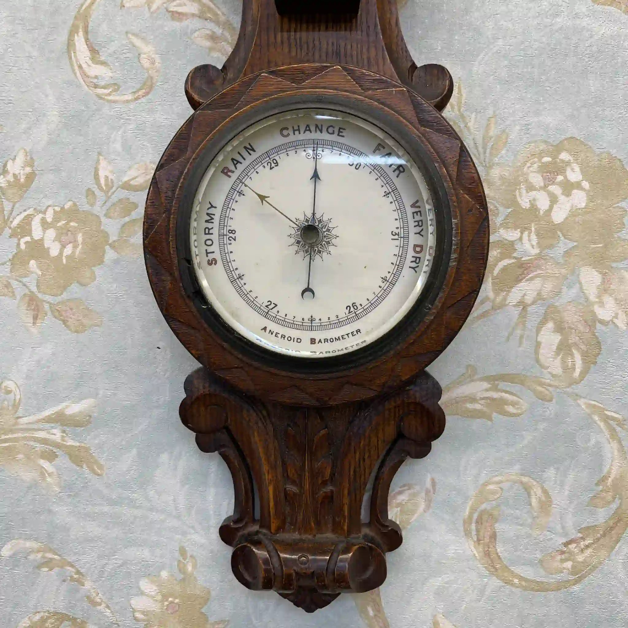 [Vintage] Aneroid barometer / Victorian style / Around 1900s (estimated) / Oak / England / With thermometer