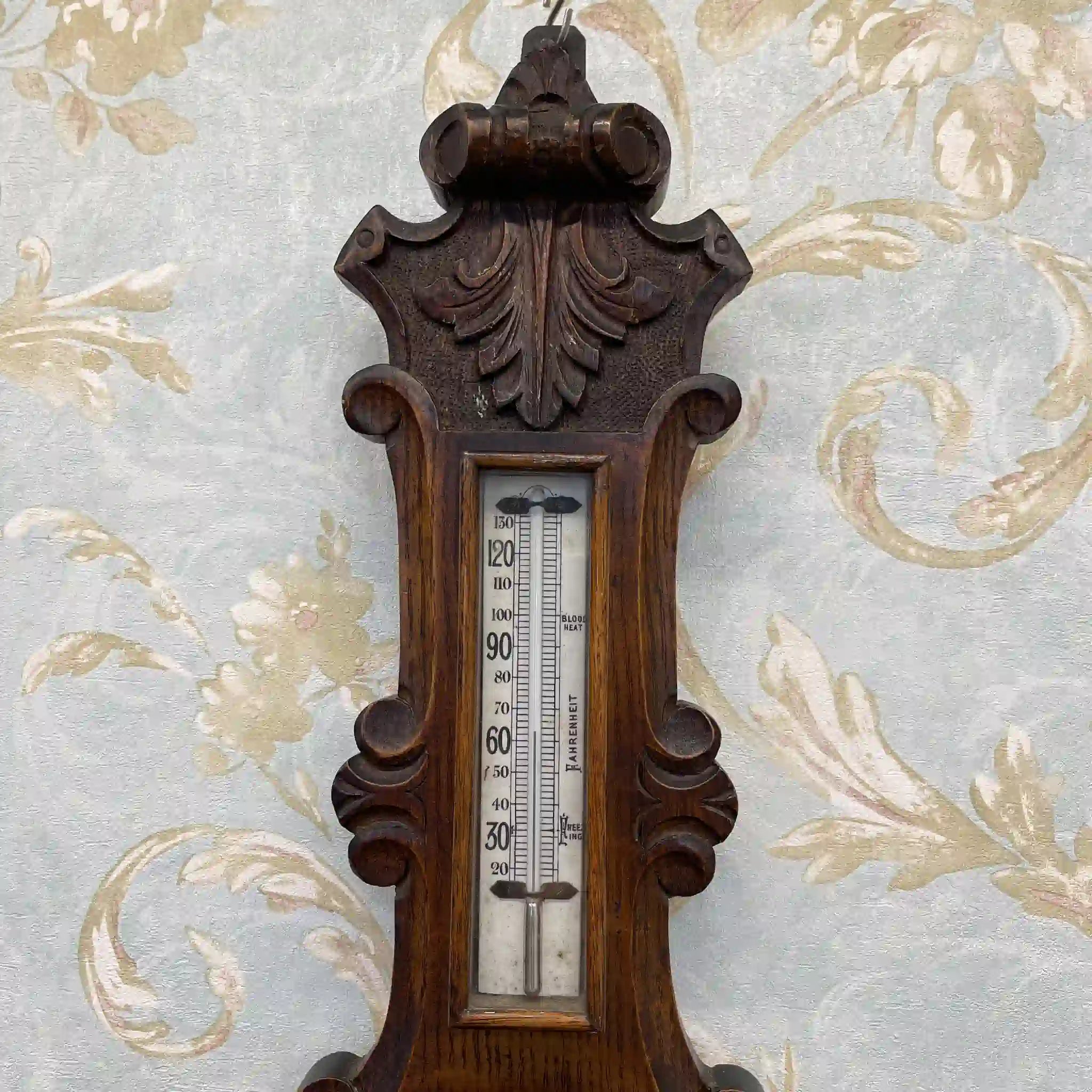 [Vintage] Aneroid barometer / Victorian style / Around 1900s (estimated) / Oak / England / With thermometer