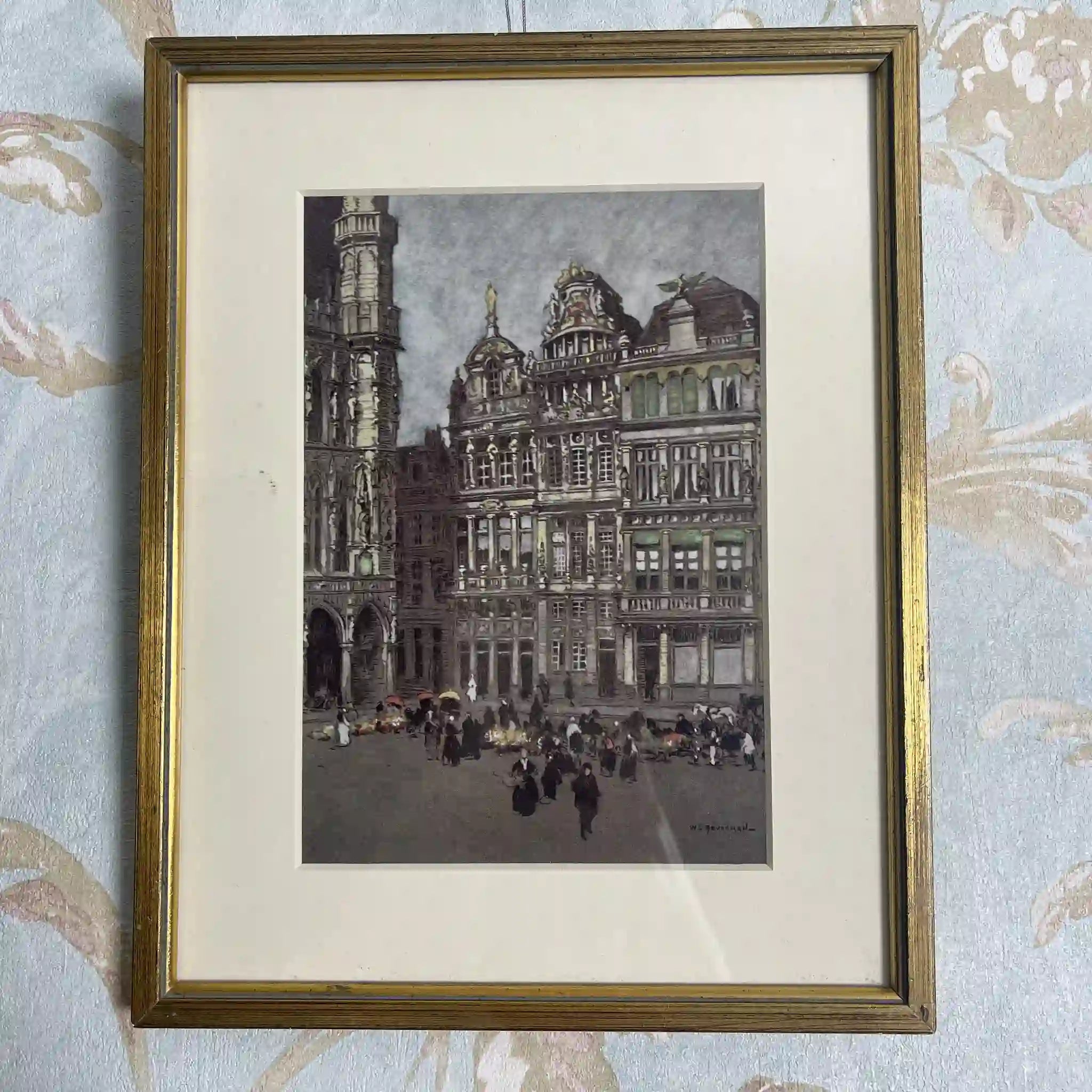 【ビンテージ】 複製画 / W. L. BRUCKMAN / 「Bruxelles / Grand Place」（ブリュッセルのグラン プラス） / 20世紀初頭（推定） / 紙 / イギリス / 多色刷版画,エドワーディアン・フレーム
