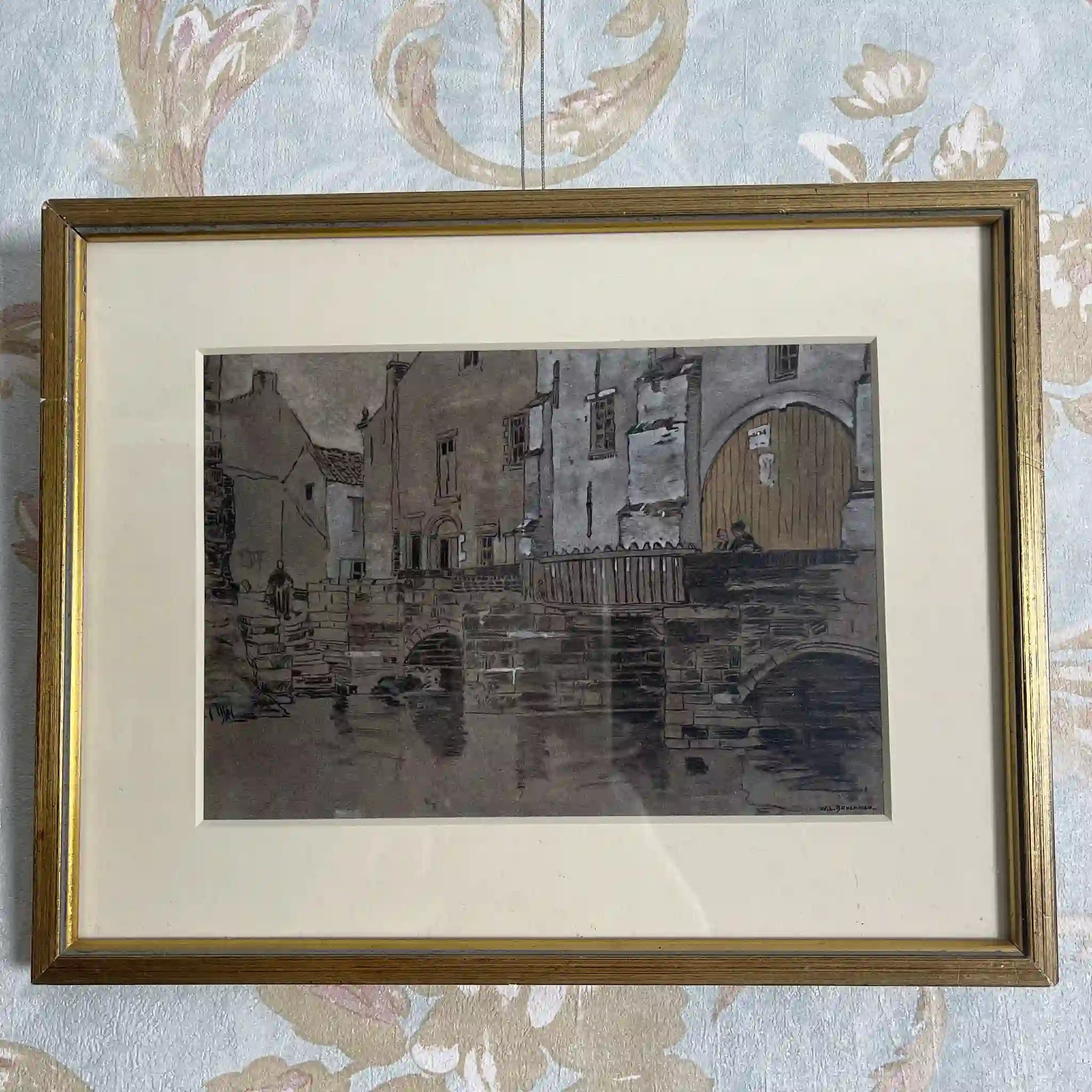 【ビンテージ】 複製画 / W. L. BRUCKMAN / 「Aerschot / Watergate」（アールスコートのウォーターゲート） / 20世紀初頭（推定） / 紙 / イギリス / 多色刷版画,エドワーディアン・フレーム