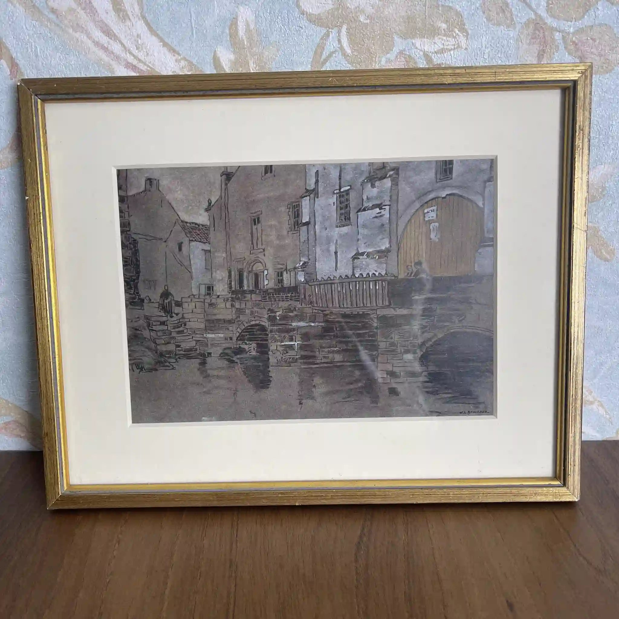 【ビンテージ】 複製画 / W. L. BRUCKMAN / 「Aerschot / Watergate」（アールスコートのウォーターゲート） / 20世紀初頭（推定） / 紙 / イギリス / 多色刷版画,エドワーディアン・フレーム