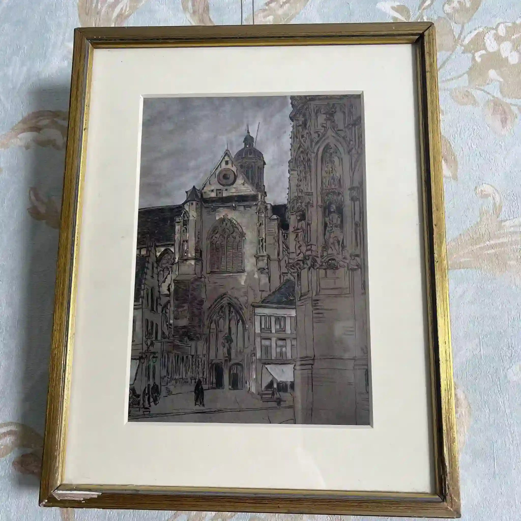 【ビンテージ】 複製画 / W. L. BRUCKMAN / 「Louvain / The Cathedral」（ルーヴェンの大聖堂 / 聖ペテロ教会） / 20世紀初頭（推定） / 紙 / イギリス / 多色刷版画,エドワーディアン・フレーム
