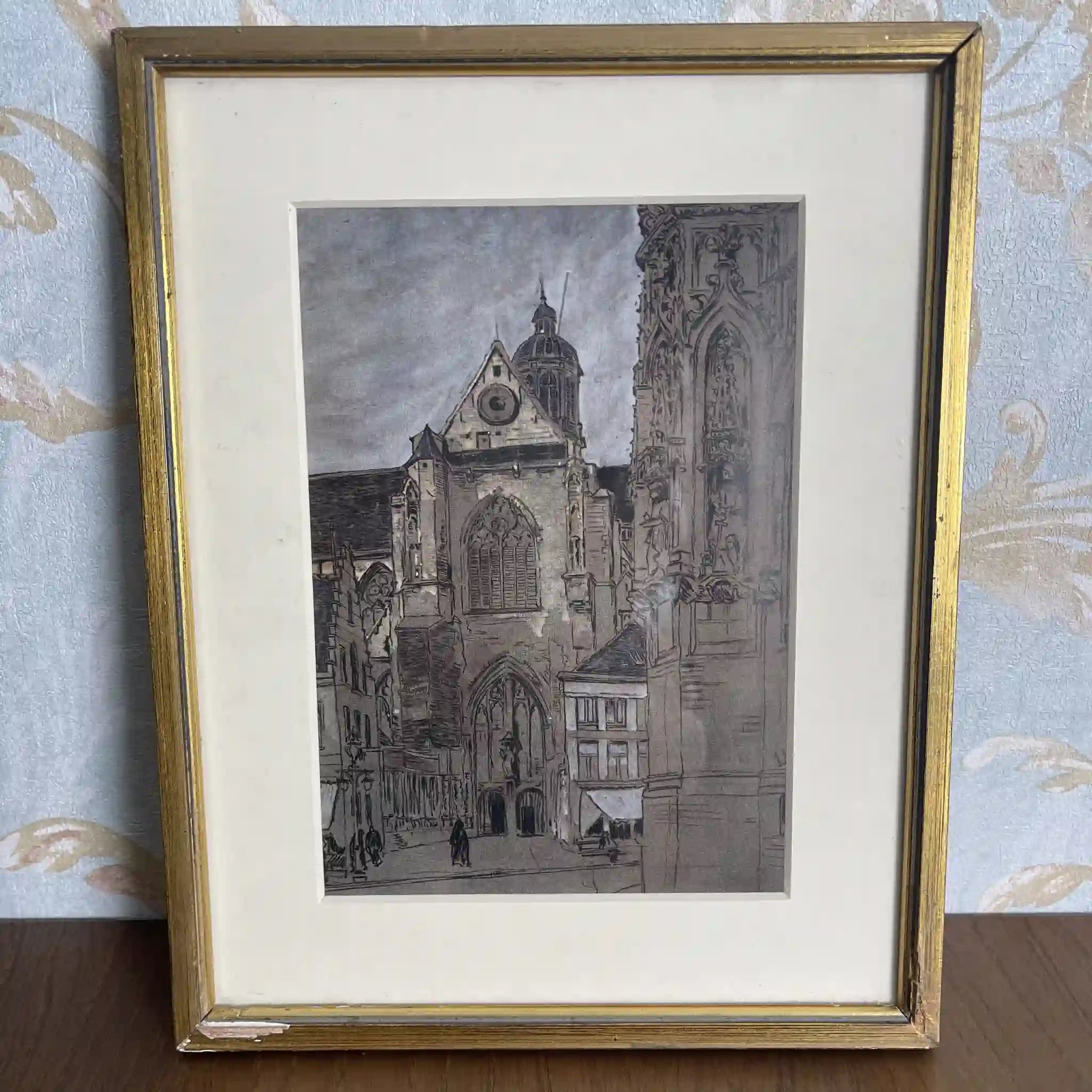 【ビンテージ】 複製画 / W. L. BRUCKMAN / 「Louvain / The Cathedral」（ルーヴェンの大聖堂 / 聖ペテロ教会） / 20世紀初頭（推定） / 紙 / イギリス / 多色刷版画,エドワーディアン・フレーム