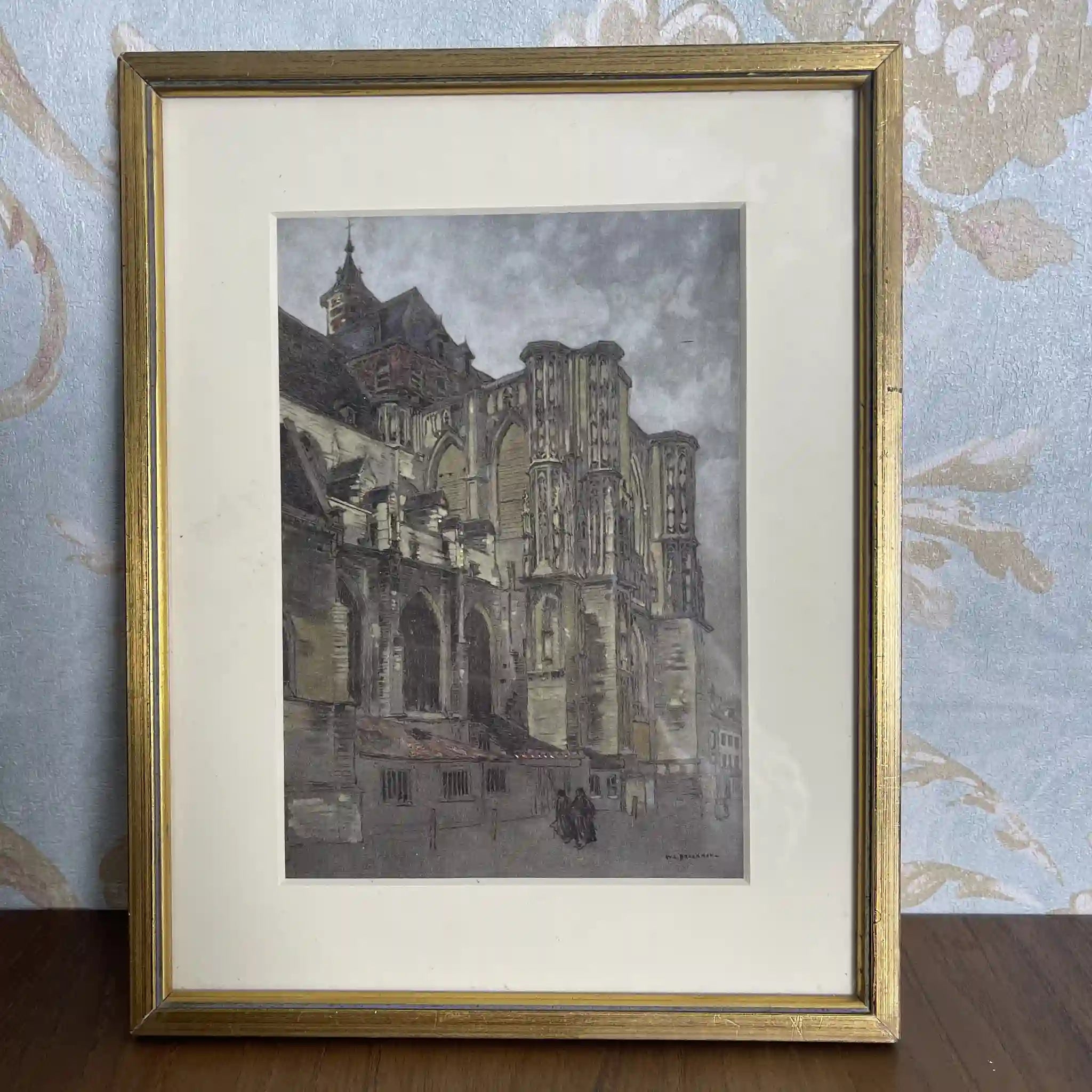 【ビンテージ】 複製画 / W. L. BRUCKMAN / 「Louvain / The Cathedral」 / 20世紀初頭（推定） / 紙 / イギリス / 多色刷版画,エドワーディアン・フレーム