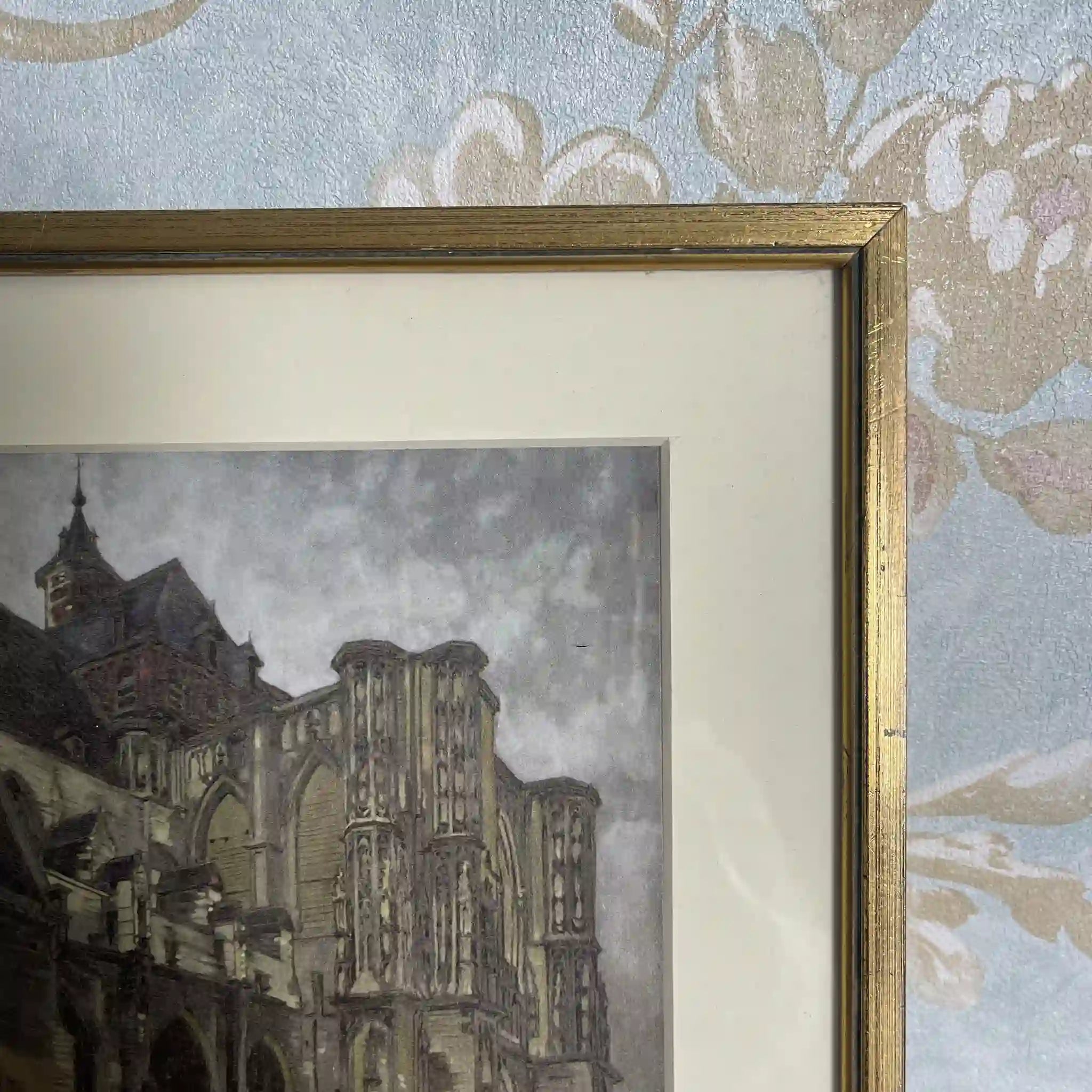【复古】复制画/ w.l. BRUCKMAN /“Louvain / The Cathedral”/ 20世纪初（推测）/纸/英国/爱德华框架