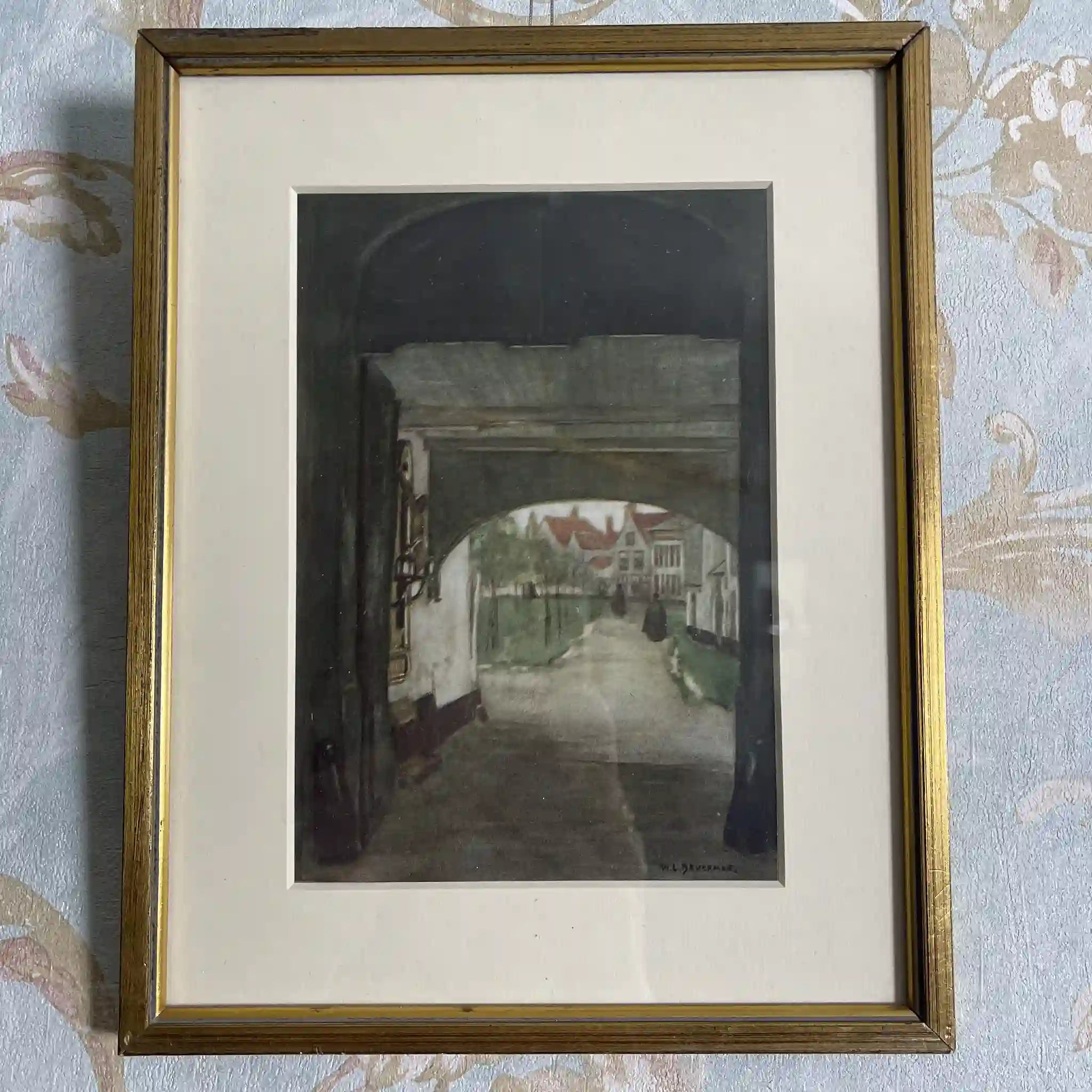 【ビンテージ】 複製画 / W. L. BRUCKMAN / 「Bruges / Entrance to Béguinage」 / 20世紀初頭（推定） / 紙 / イギリス / 多色刷版画,エドワーディアン・フレーム