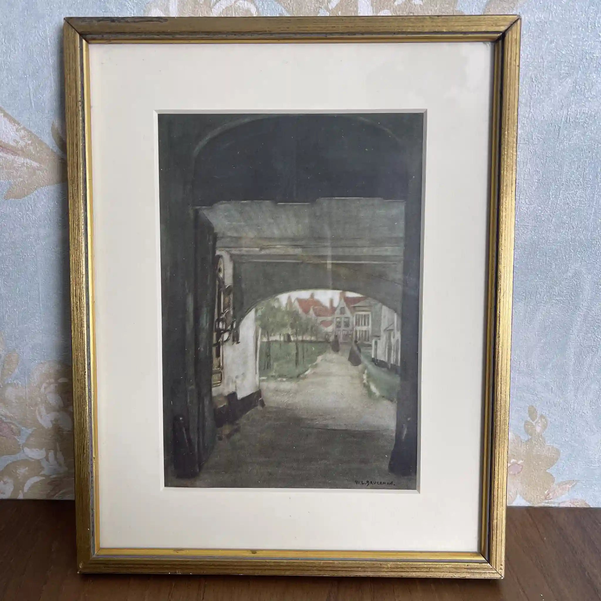 【ビンテージ】 複製画 / W. L. BRUCKMAN / 「Bruges / Entrance to Béguinage」 / 20世紀初頭（推定） / 紙 / イギリス / 多色刷版画,エドワーディアン・フレーム