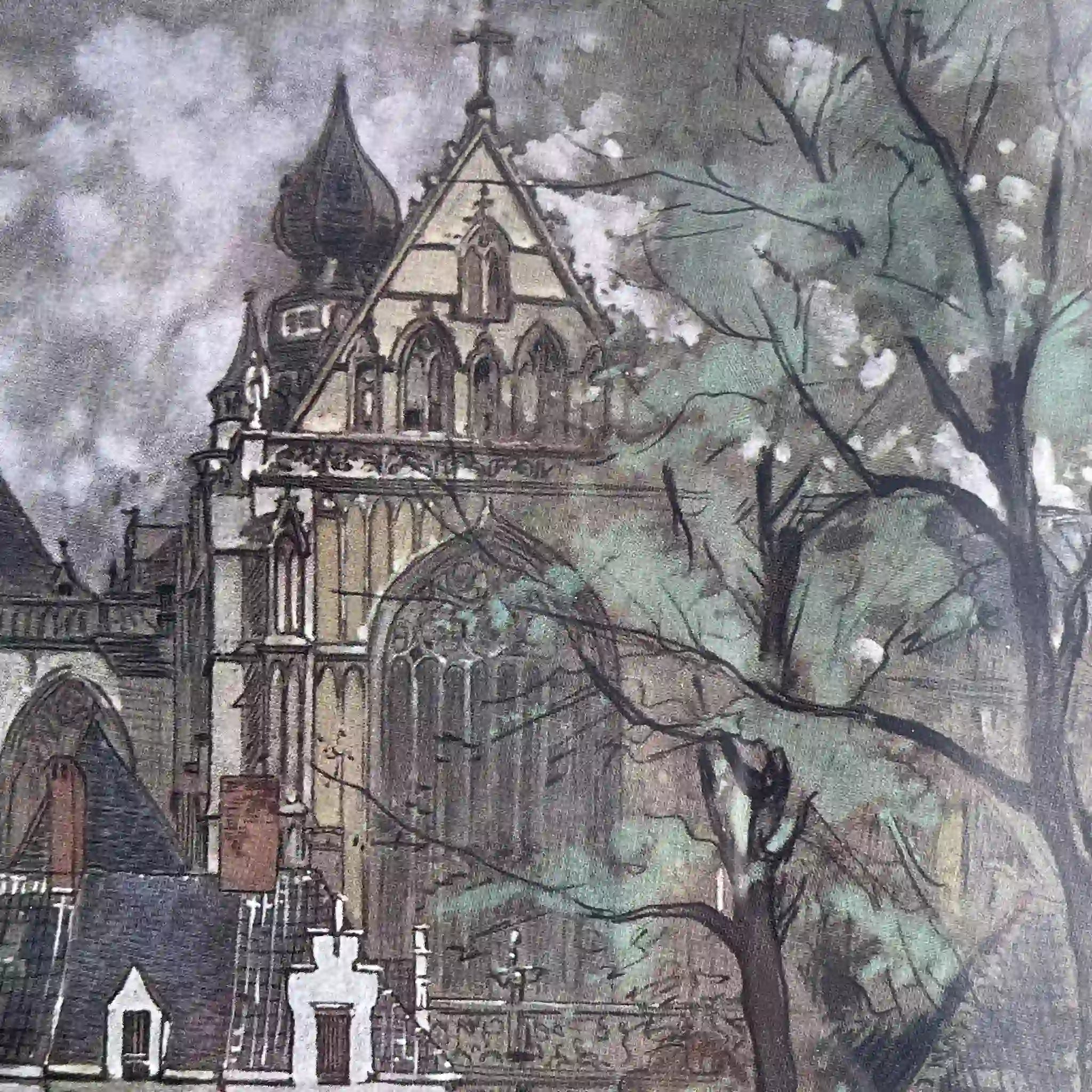 【复古】复制画/ w.l. BRUCKMAN /“Antwerp / The Cathedral”（安特卫普/圣母大教堂）/ 20世纪初（推测）/纸/英国/ 爱德华迪恩框架