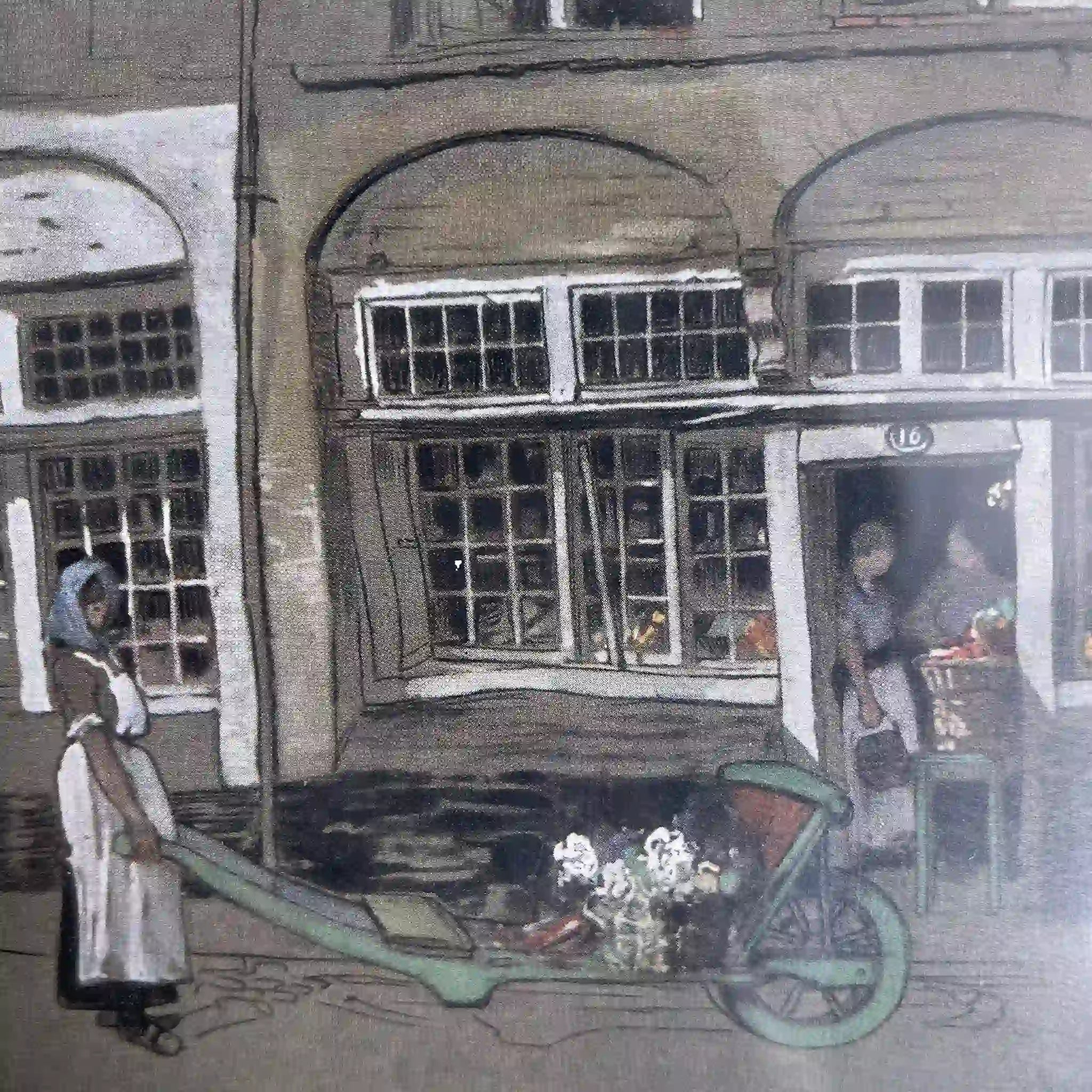 【复古】复制画/ w.l. BRUCKMAN /“Ypres / Old Shops”/ 20世纪初（推测）/纸/英国/爱德华框架